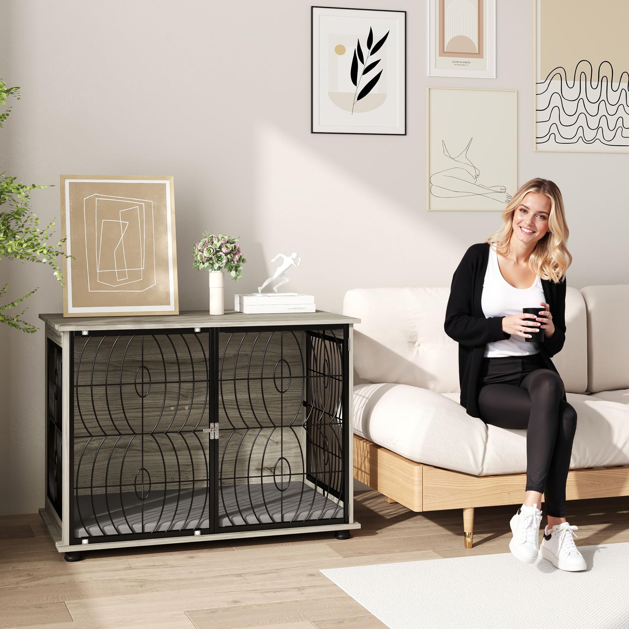 PawHut Hundekäfig Möbel 100cm Hundebox für Zuhause 100 x 60 x 73,5 cm Grau | Moderne Hundehütte, mit Kissen, Fenster, Abschließbar Hundehaus, für Große Hunde bis zu 30kg
