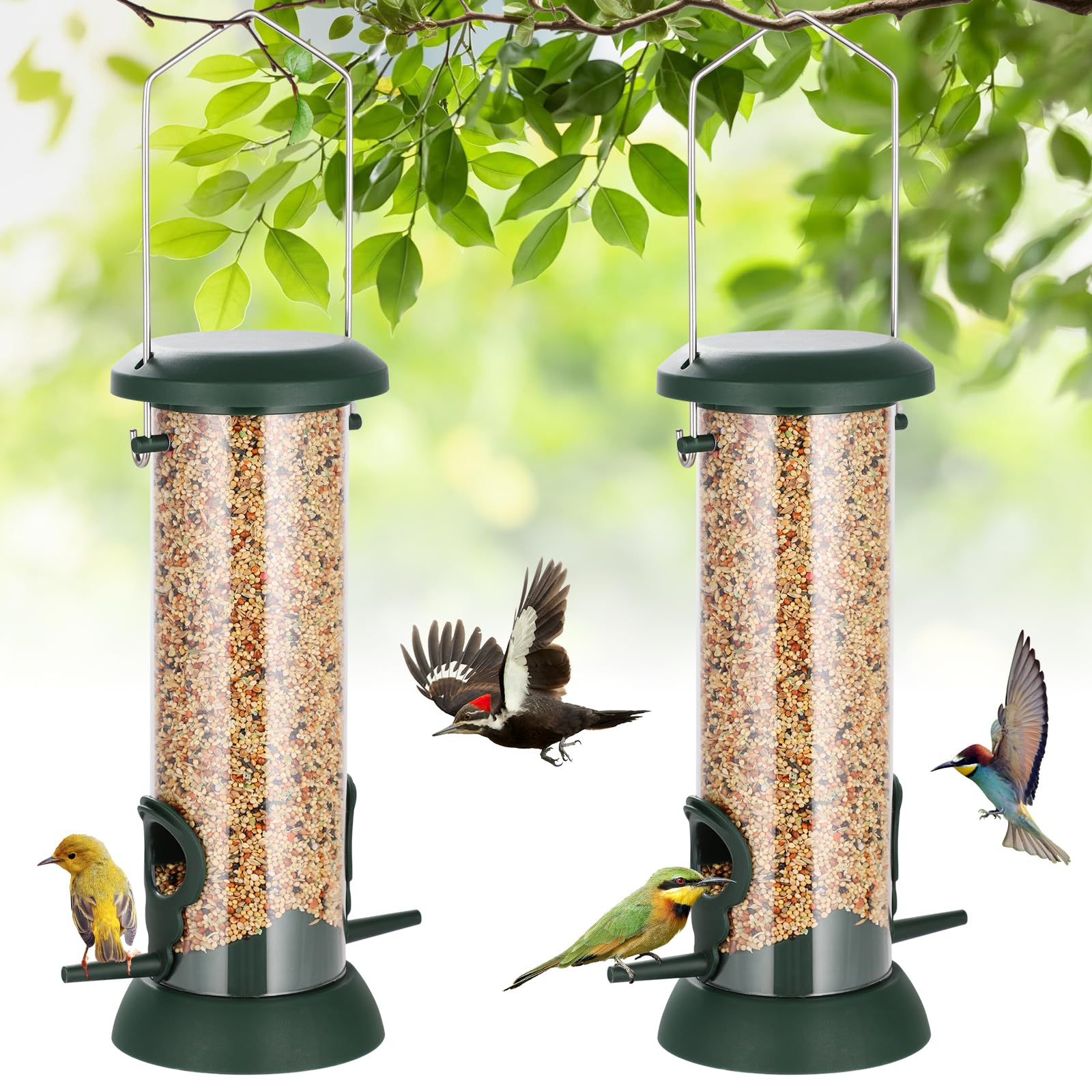 FEED GARDEN Confezione da 2 mangiatoie per uccelli da appendere all'aperto, 4 porte, in plastica rigida di alta qualità, antiruggine, coperchio e base in metallo resistente, idea regalo, 21 cm, verde