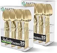 Vista 140 de Party Bargains Disposable Plastic Black Gold Cutlery Set, Infinity Modern Design Utensils, 40 Pack: 16 Forks, 8 Knives, 16 Spoons