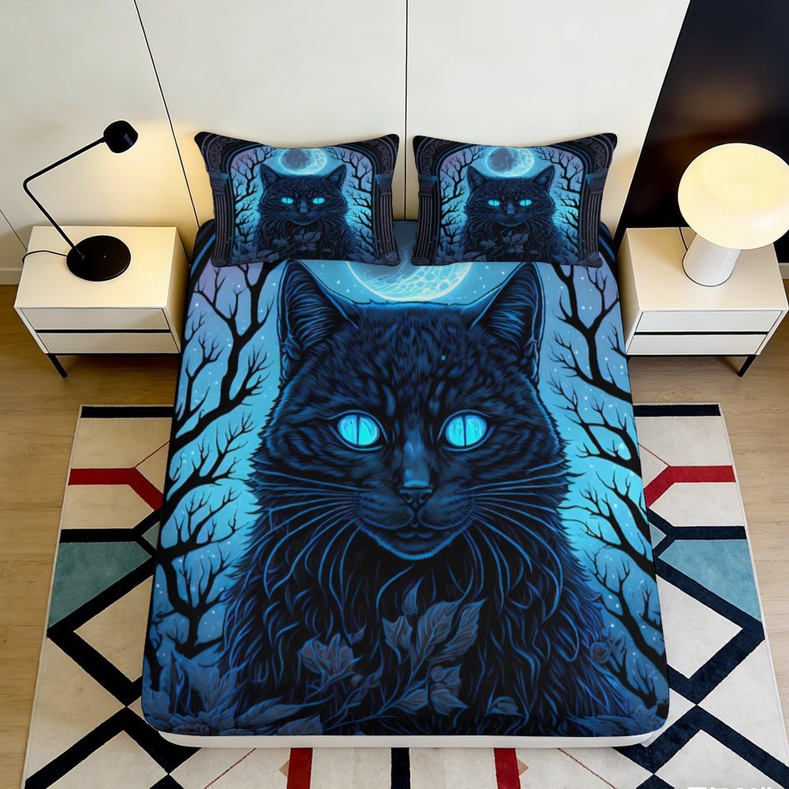 3D Printed Moonlit Cat Fitted Sheet Microfiber Soft Breathable Night Forest Bed Cover for Bedroom Dorm Decor 90x200x25cm