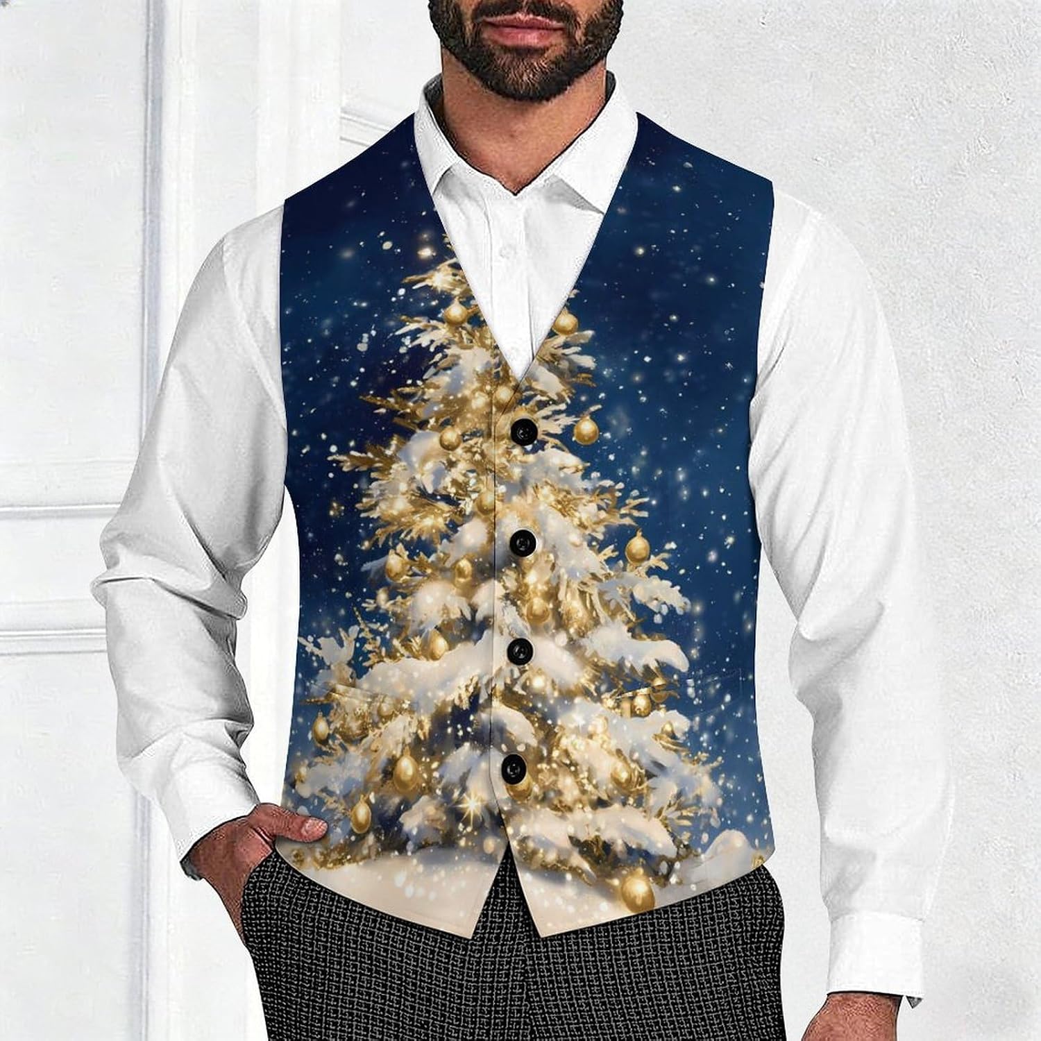 Christmas Tree on Snowy Men's Suit Vests Waistcoat V-neck Formal Dress Tuxedo for Business