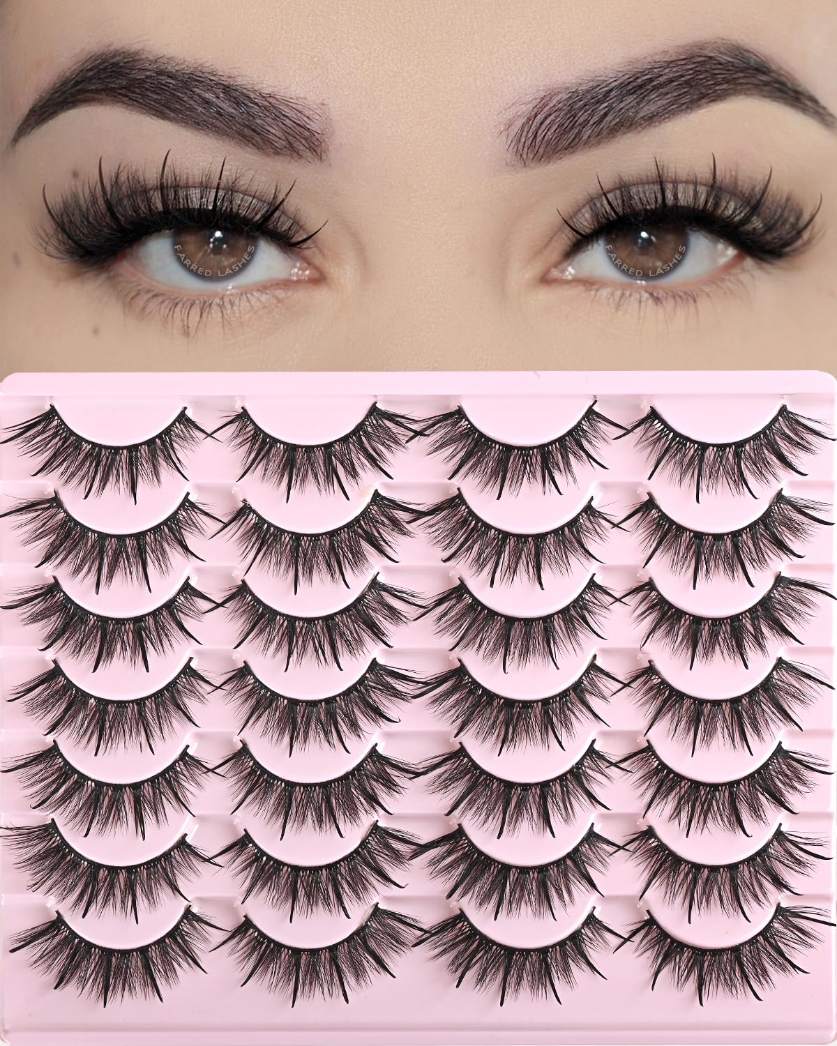 FARRED Wispy Lashes Hybrid Mink Eyelashes 14 Pairs Cat Eye Natural False Eyelash Strips with Spikes Demi Wispies Short Fake Eye Lash for Daily Makeup