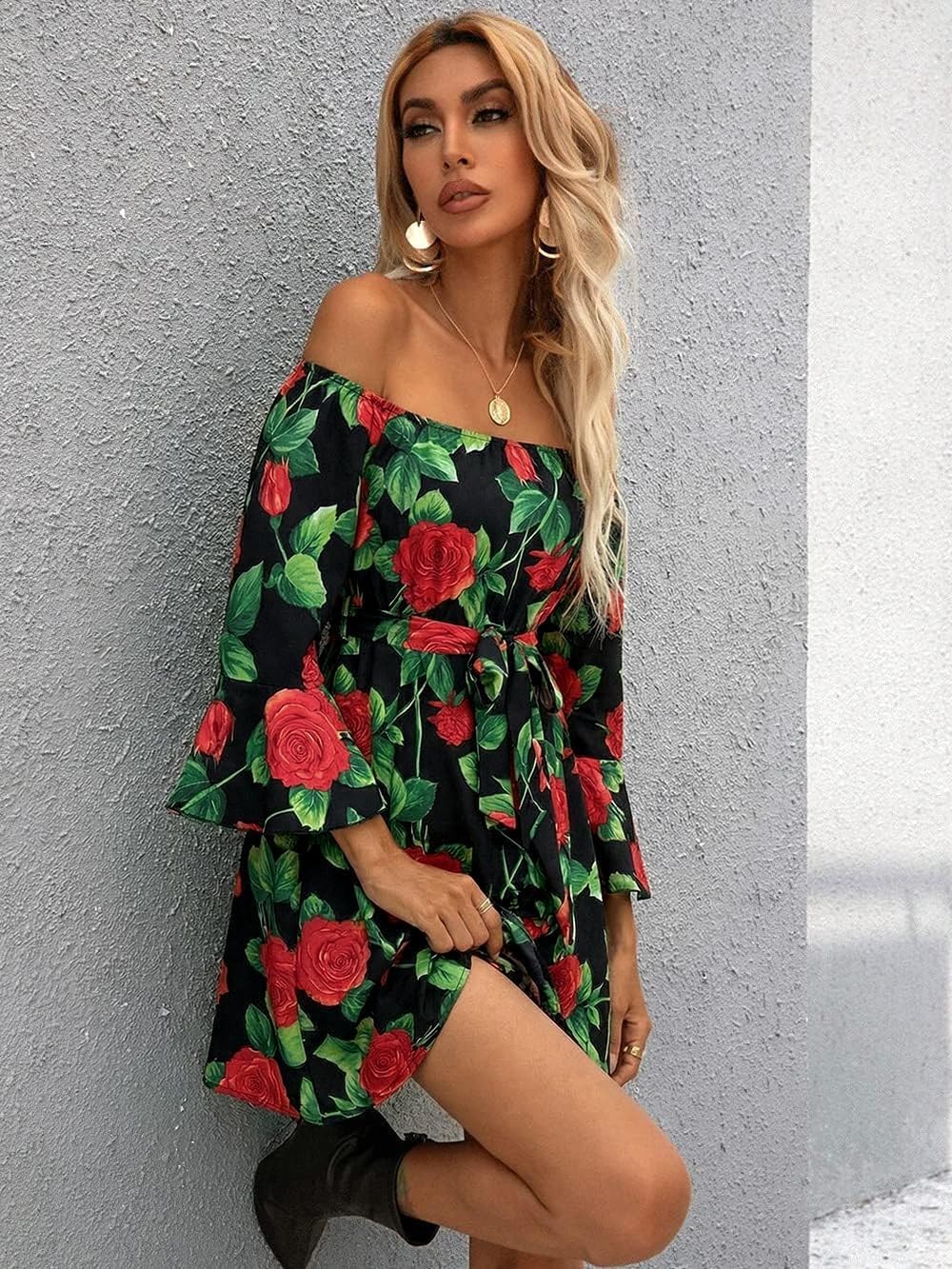 Off Shoulder Ruffle Dress for Women, A-Line Mini Dress with Belt, Fitted Bust Summer Wedding Guest Dress