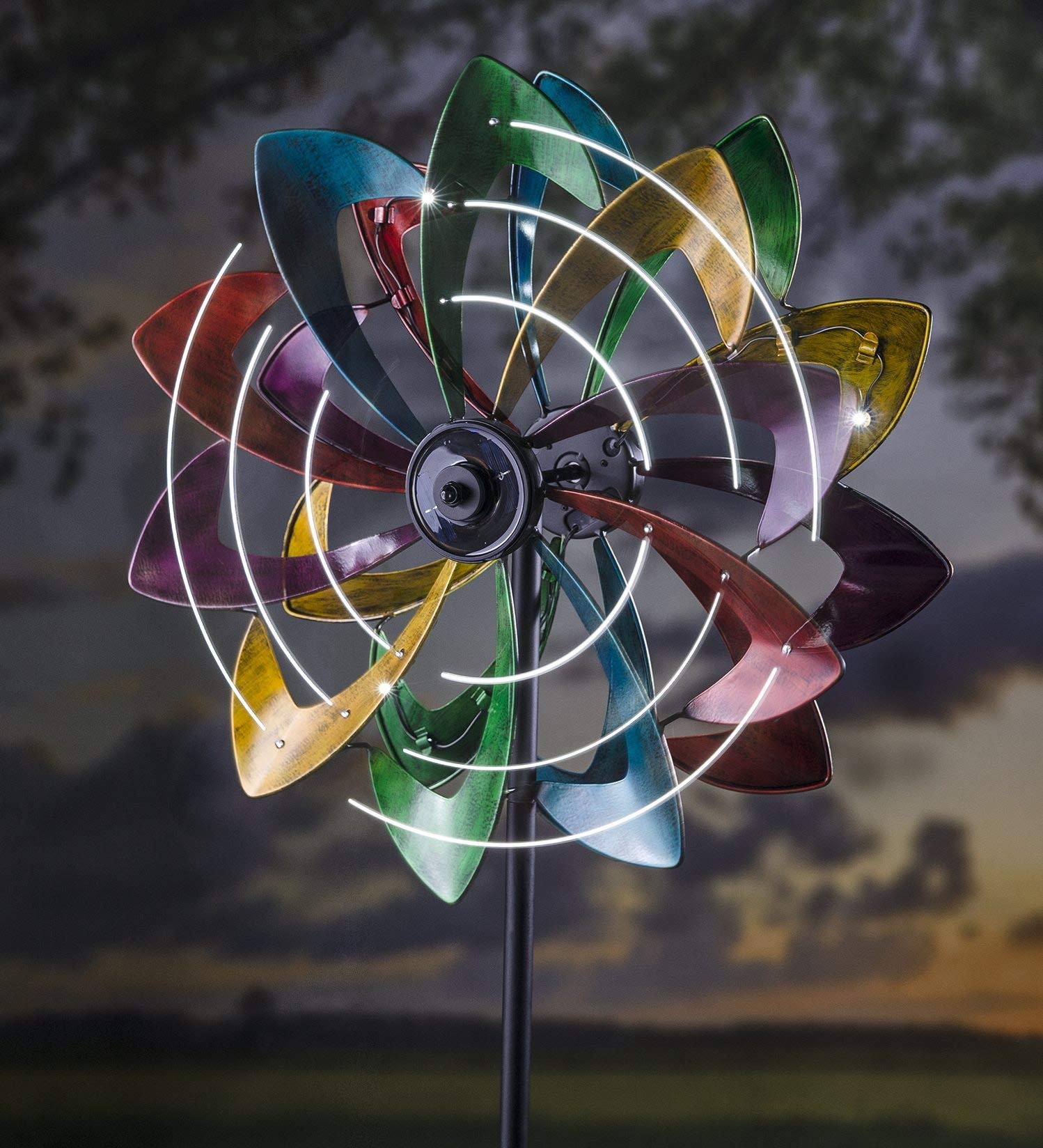 Plow & Hearth Large Solar Lighted Metal Flower Wind Spinner with Two Bi