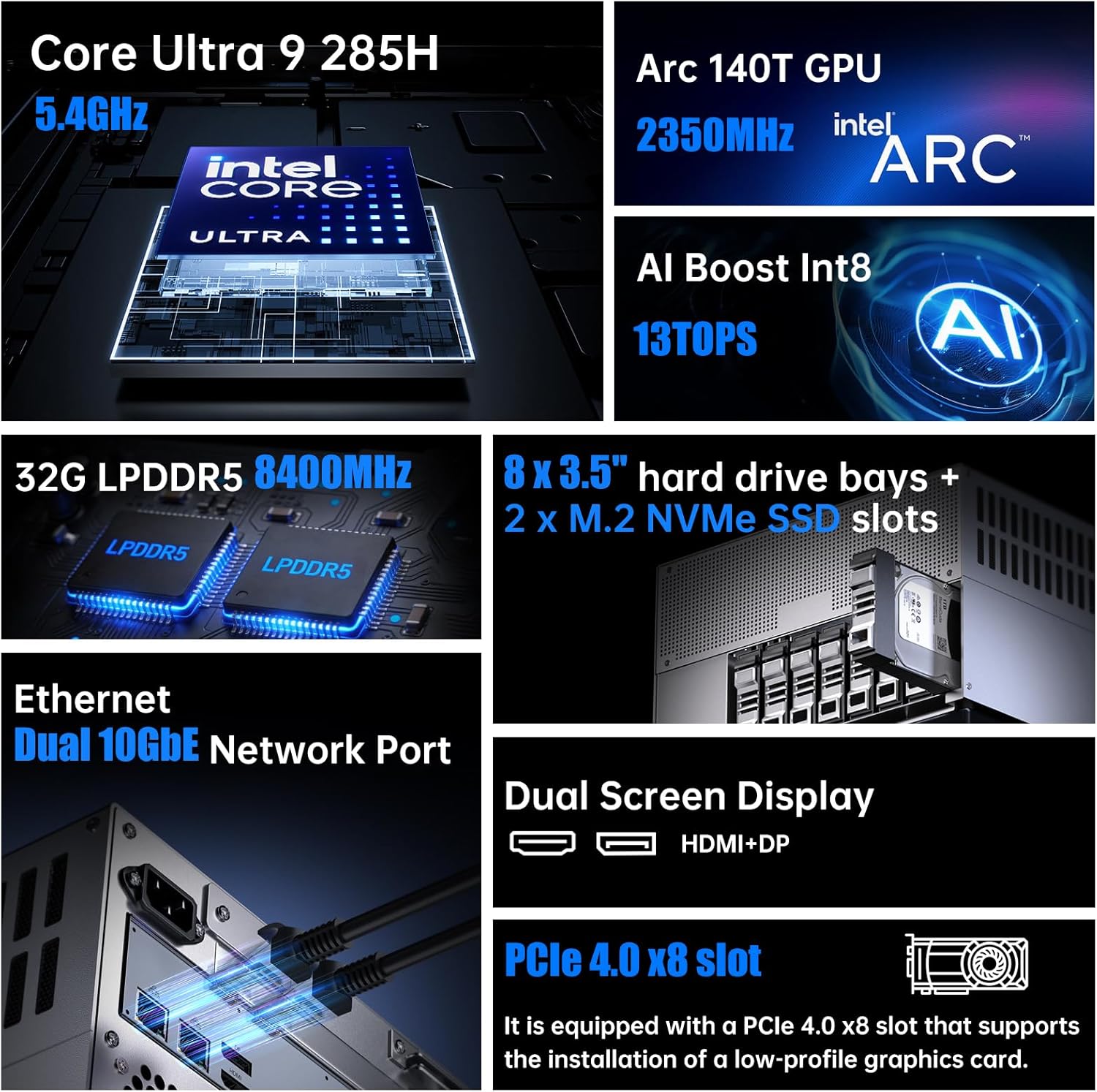 Thdeukoty Desktop NAS 8-Bay, Ultra 9 285H AI CPU, 32GB LPDDR5 8400Mhz RAM, 2 x 10GbE, 2 x M.2 NVMe Slots, HD/DP, PCIe 4.0 x 8 Slot, USB 4, Support Dual System Network Attached Storage (Diskless)