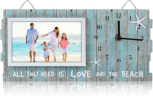 Blulu Reloj de pared con temática de playa, reloj de pared decorativo de madera, reloj de pared rústico con marco de fotos, reloj de fotos de