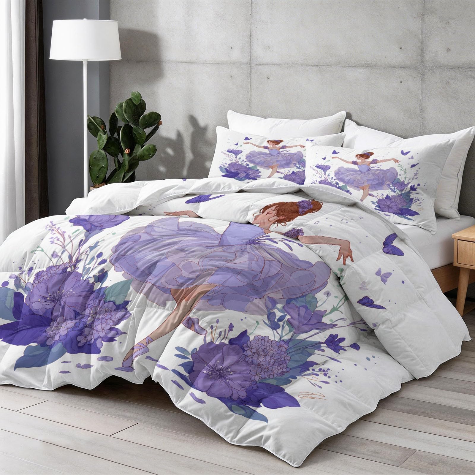 Edredón sin colchas 200 x 200 cm 4,5 tog verano lavanda soñadora silueta floral y bailarina silueta sin funda acolchada reversible colcha manta 2 fundas de almohada, colcha para niños/niños lavanda