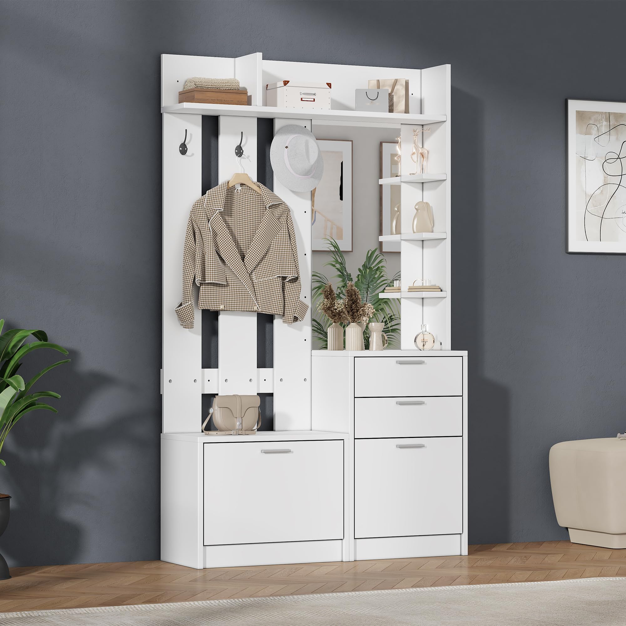 Wieszak na ubrania, szafka na buty, garderoba, 2 szuflady, 2 rozkładane szafki na buty, 3 haczyki, szklane lustro, obok trzy półki, korytarz, sypialnia, salon, biały, 110 x 34 x 185 cm