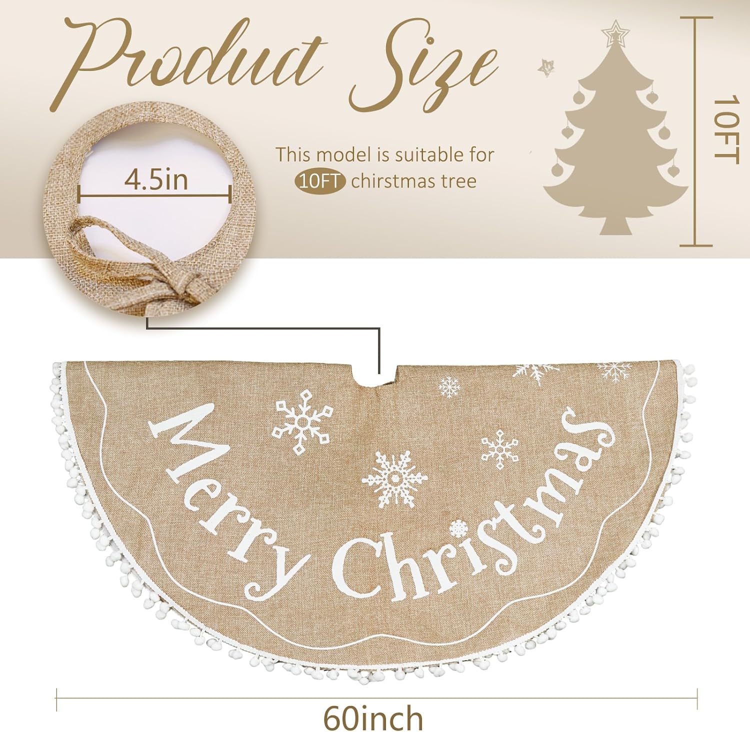 AerWo Burlap Christmas Tree Skirt, 60 Inches, Printed with White Snowflake and Merry Christmas Letter, Xmas Tree Decor for Indoor/Outdoor