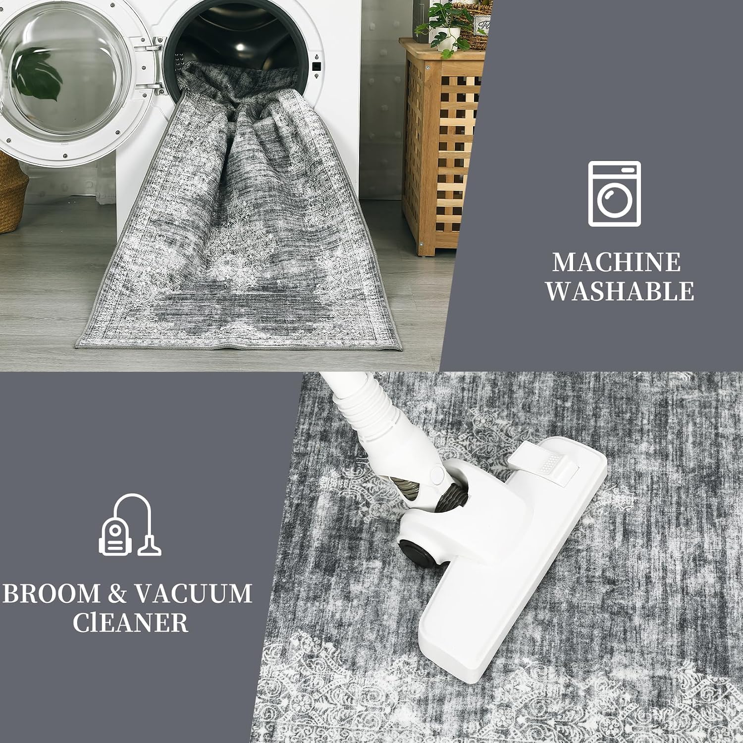 Garvee Large Rugs for Living Room 8x10 Washable Rug Vintage Bordered Accent Rug with Non Slip Backing Low Pile Non Shedding Distressed Farmhouse Floor Covering for Dining Room Nursery, Grey