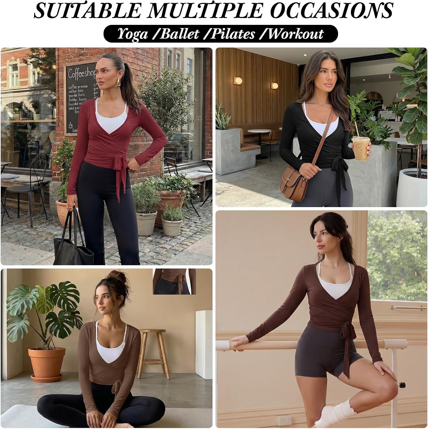 3 Pack Women Ballet Pilates Wrap Tops Y2K Workout Yoga Shirts Dance Long Sleeve Tie Front Crop Tops