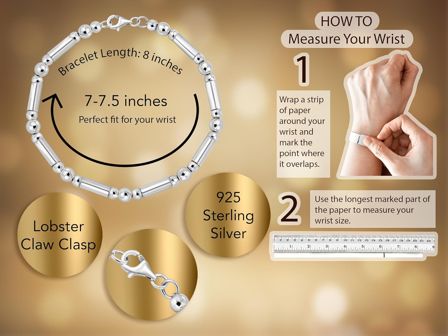 AeraVida Sterling Silver Beaded Bracelet – 8" Round & Tube .925 Silver Beads with Lobster Claw Clasp | Polished Minimalist Bracelet for Women | Classic Daily Wear Jewelry