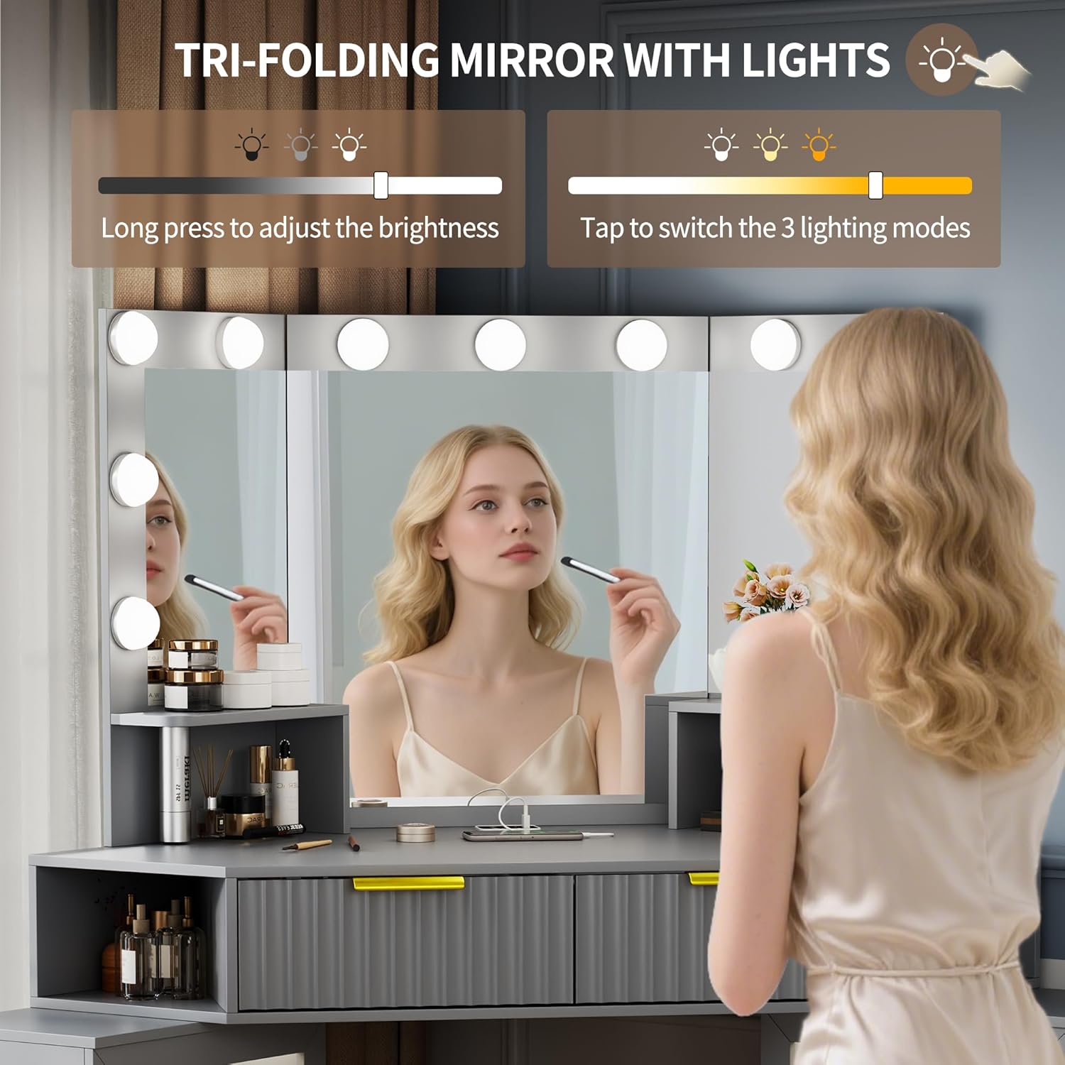 Vanity Desk with LED Lights Mirror & Power Outlet – Corner Design, Makeup Vanity Table Set with Storage Drawers & Chair, 3 Lighting Modes for Living Room/Bedroom, Ideal for Gift (Gray)