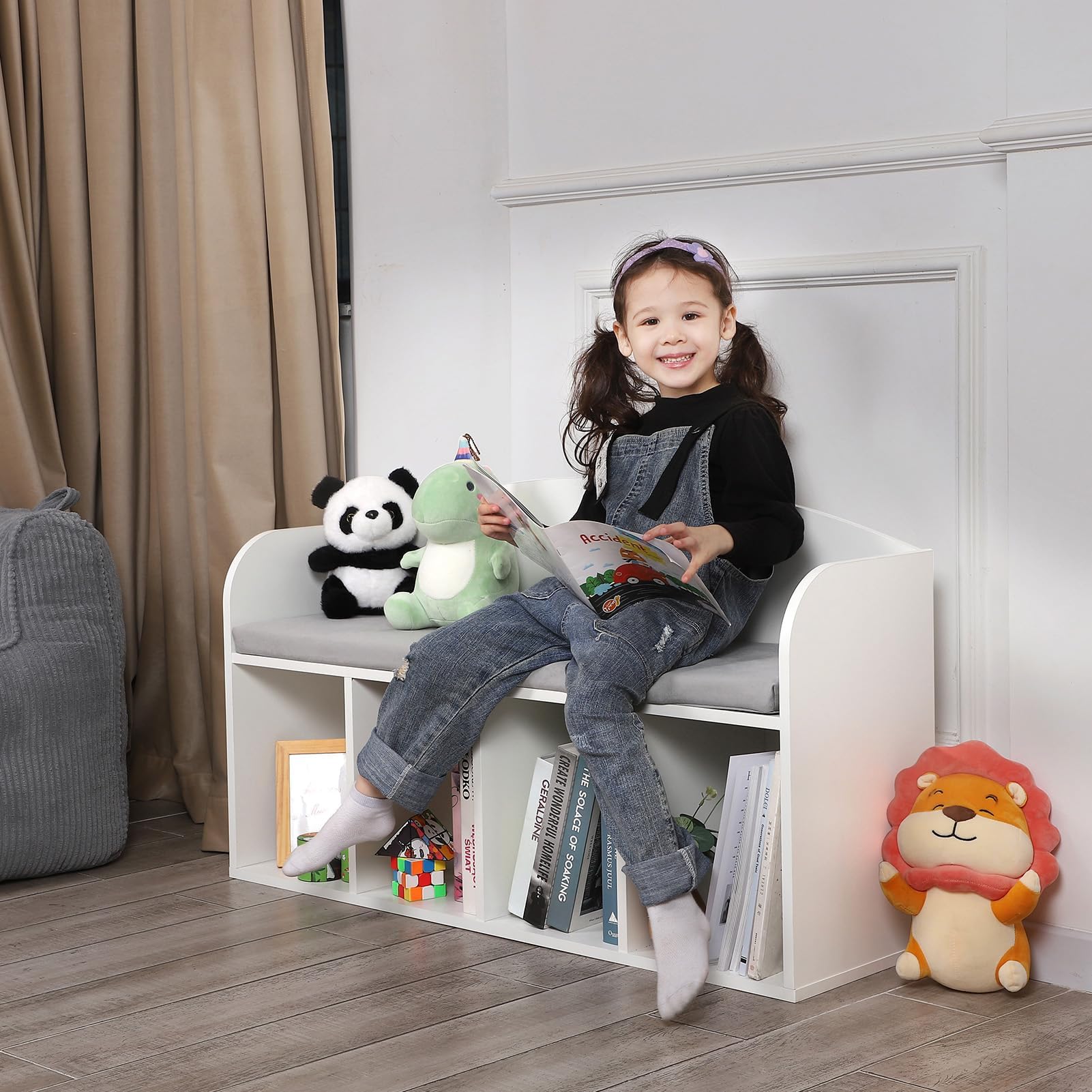 Kids Bookshelf with Reading Nook, Toddler Bookshelf with Soft Grey Cushion, 4-Cube, White