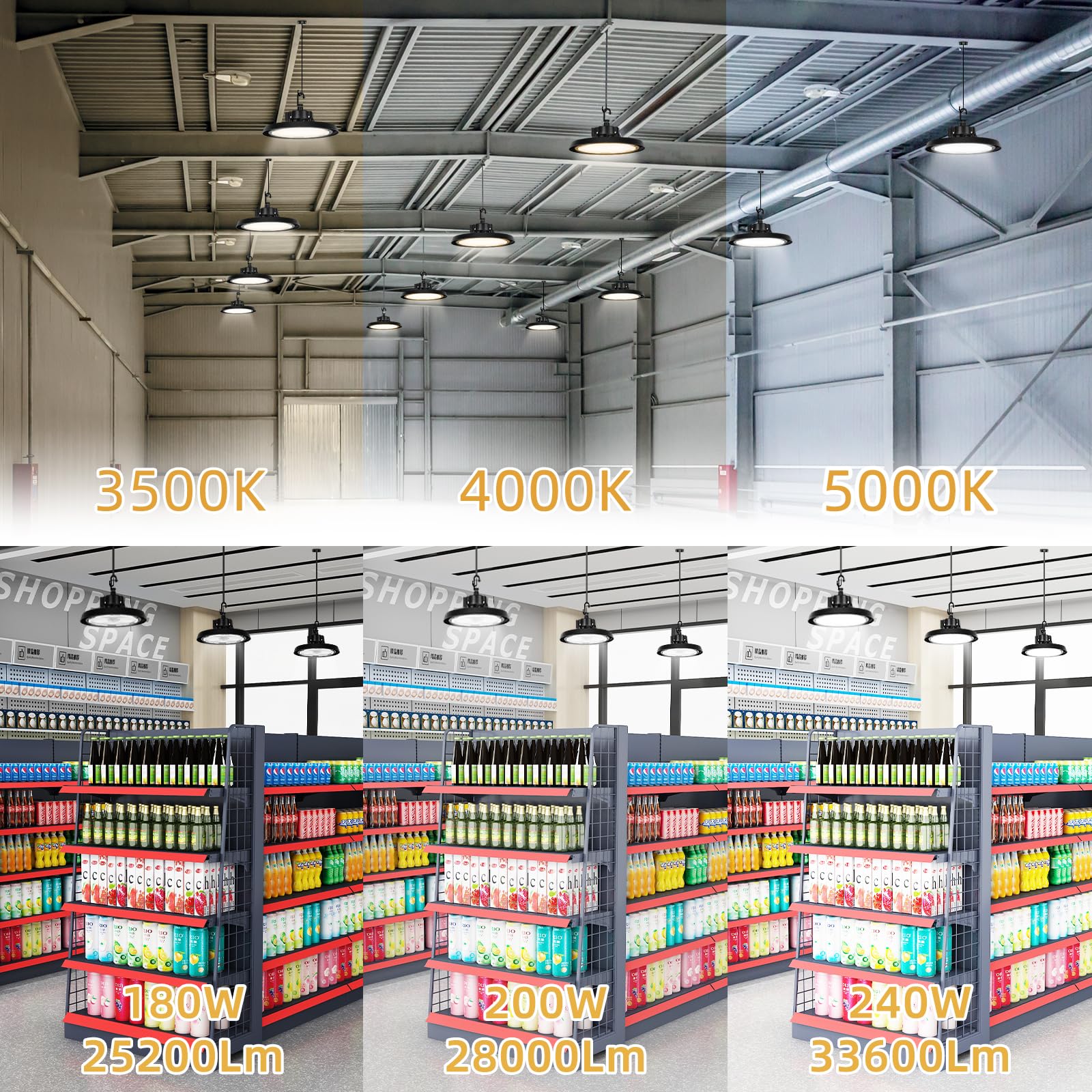 Zestaw 6 lamp UFO LED High Bay – 150 W, 24000 lm, 3CCT, ściemnialna, IP65, do garażu i magazynu, AC100-277 V, z certyfikatem DLC ETL(180/200/240W UFO,4PACK)