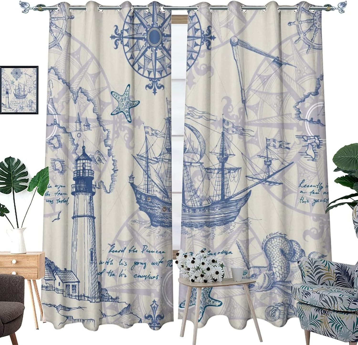 Nautical Sailboat Lighthouse Room Darkening Blackout Window Curtains with Grommets,Rustic Hand Painted Compass Anchor Starfish Decorative Energy Efficient Window Treatment 2 Panels 63L x 21W