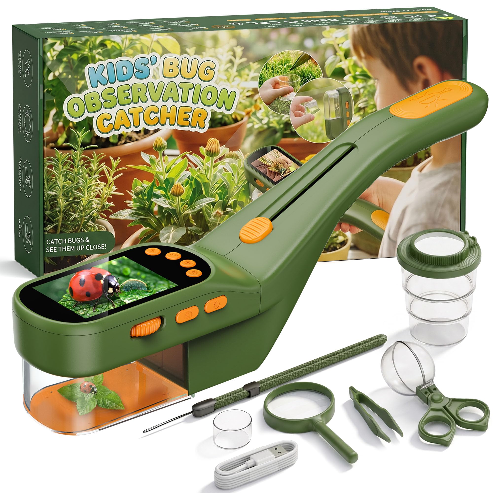 CIMELR Cattura insetti 2,4" HD microscopio – giocattolo natura per bambini | Cattura insetti batteria 1000mAh, 8 LED, fotocamera 1080P, proiezione PC, kit STEM 3-12 anni