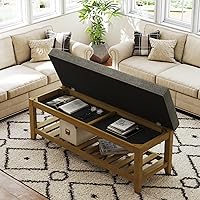 Befurtori Large Granite Linen Tufted Ottoman Bench with Storage Shelf - Upholstered Footrest Coffee Table for Bedroom Living Room