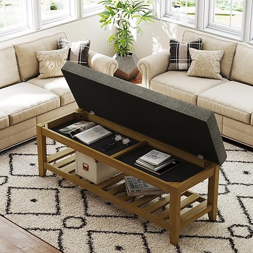Large Rectangular Upholstered Ottoman Bench, Linen Tufted Footrest Ottoman with