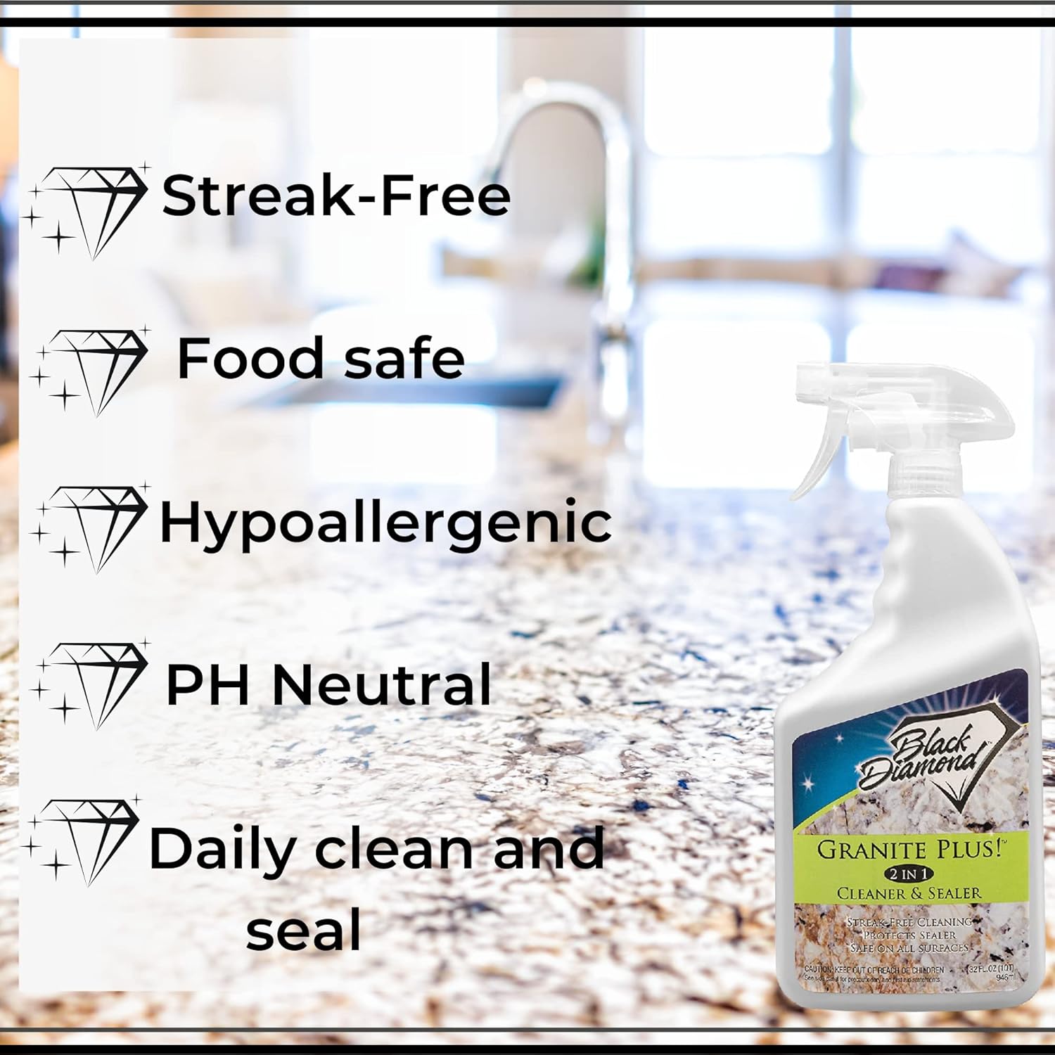 Black Diamond Stoneworks GRANITE PLUS! 2 in 1 Cleaner & Sealer for Granite, Marble, Travertine, Limestone, Ready to Use! (1-Quart) : Health & Household