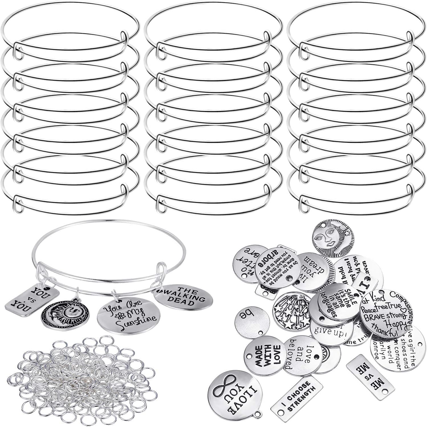 31 Pieces Expandable Bangle Bracelets Adjustable Wire Bracelets Metal Bracelets, 31 Pieces Inspirational Word Charm Pendant and 200 Pieces Jewelry Jump Rings for DIY Jewelry Making