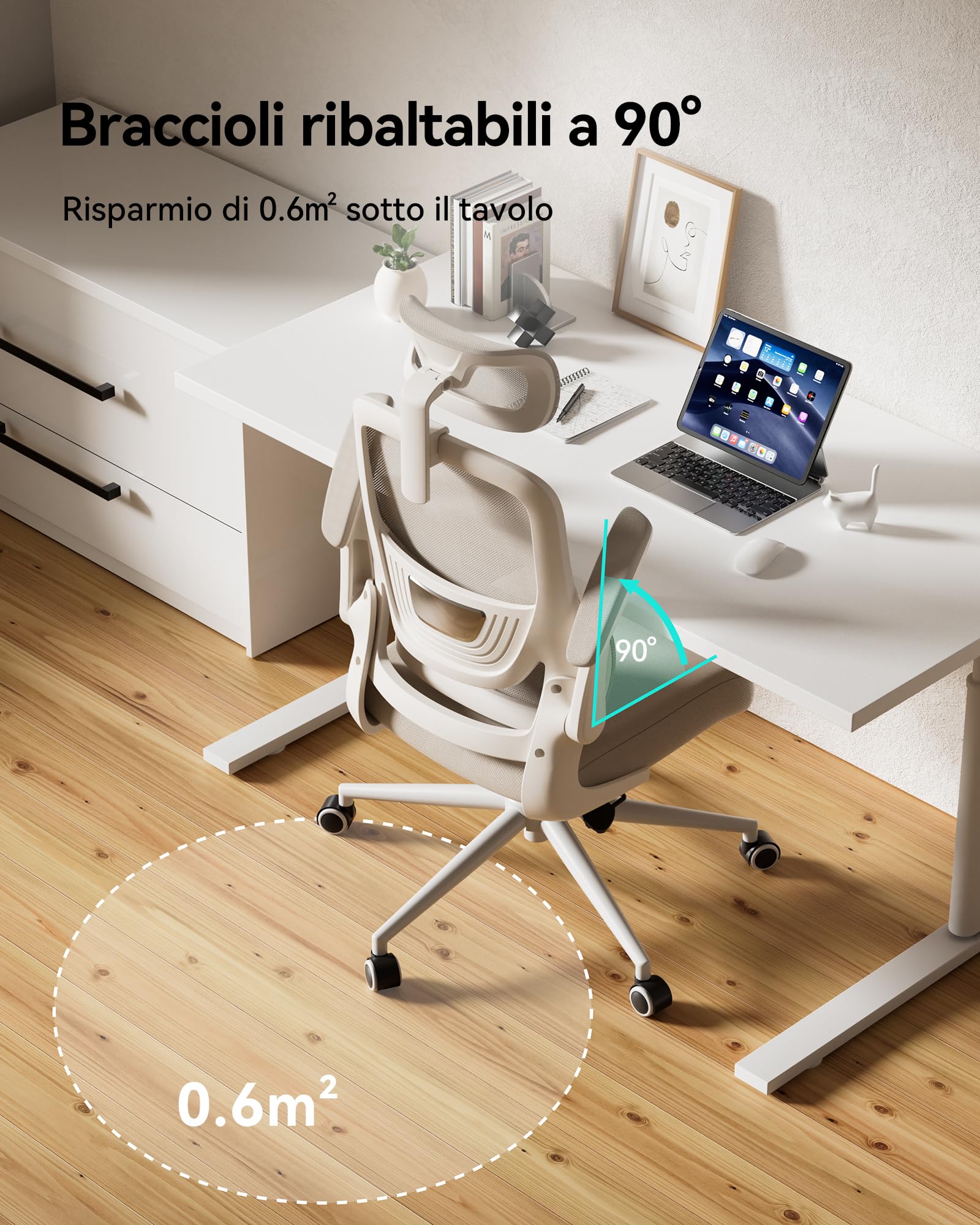 Hbada P1 Sedia Ufficio e Scrivania Ergonomica, con Supporto Lombare 2D Regolabile e Testiera Regolabile, Braccioli Ribaltabili e Cuscino Spesso, Oscillazione 12°, Mesh, Grigio