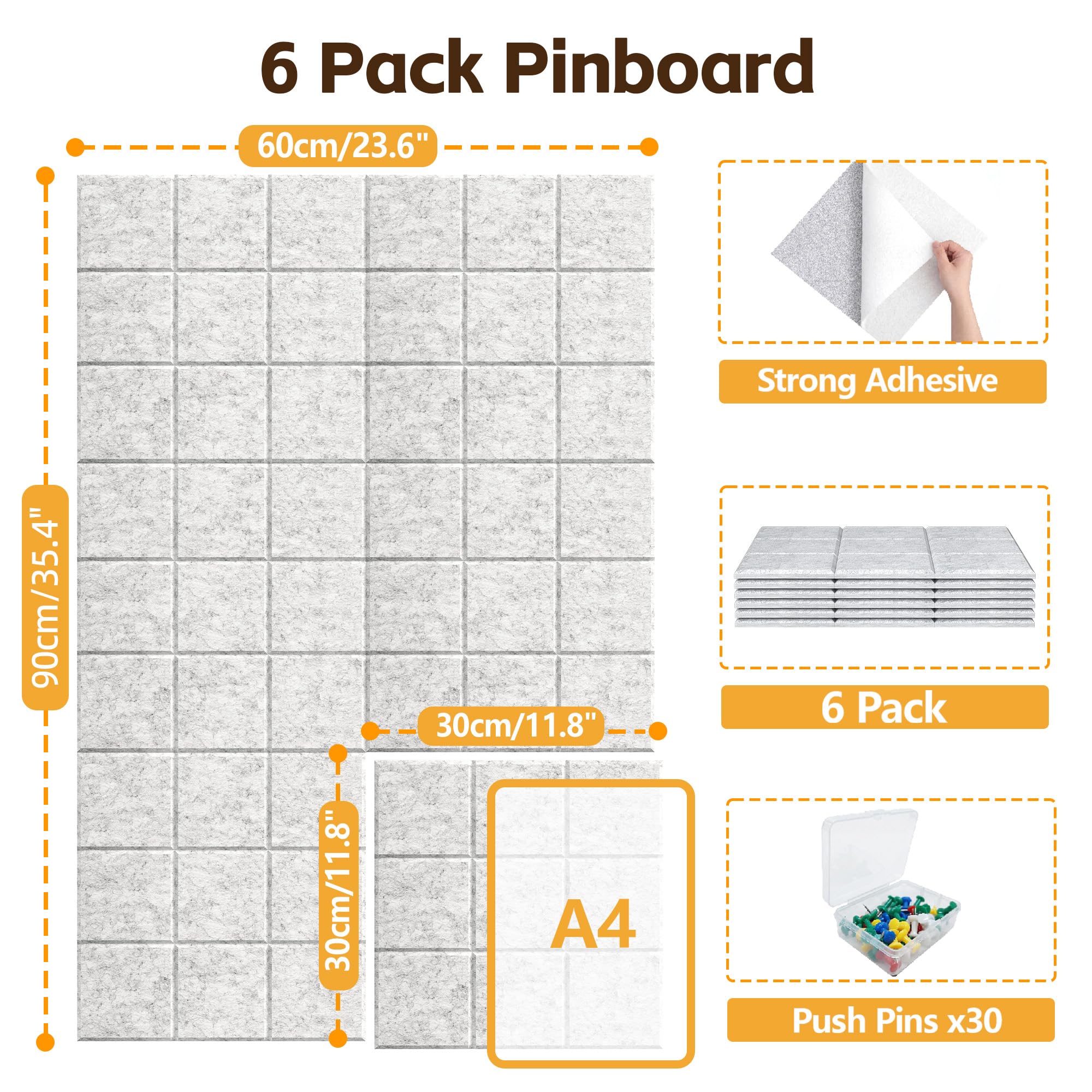 Große Filz Pinnwand Selbstklebend mit 30 Pinnnadeln, 6 Stück 30x30cm Filzboard Memotafeln Memo Boards Bulletin Board Wanddekoration für Büro Küche, Fotos Memos