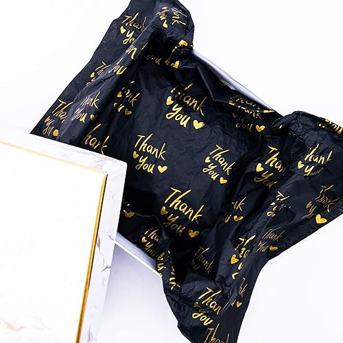 Miniatura 4 de MR FIVE 100 hojas de papel de seda de agradecimiento negro con dorado a granel, 20 x 14 pulgadas, papel de seda negro de agradecimiento para