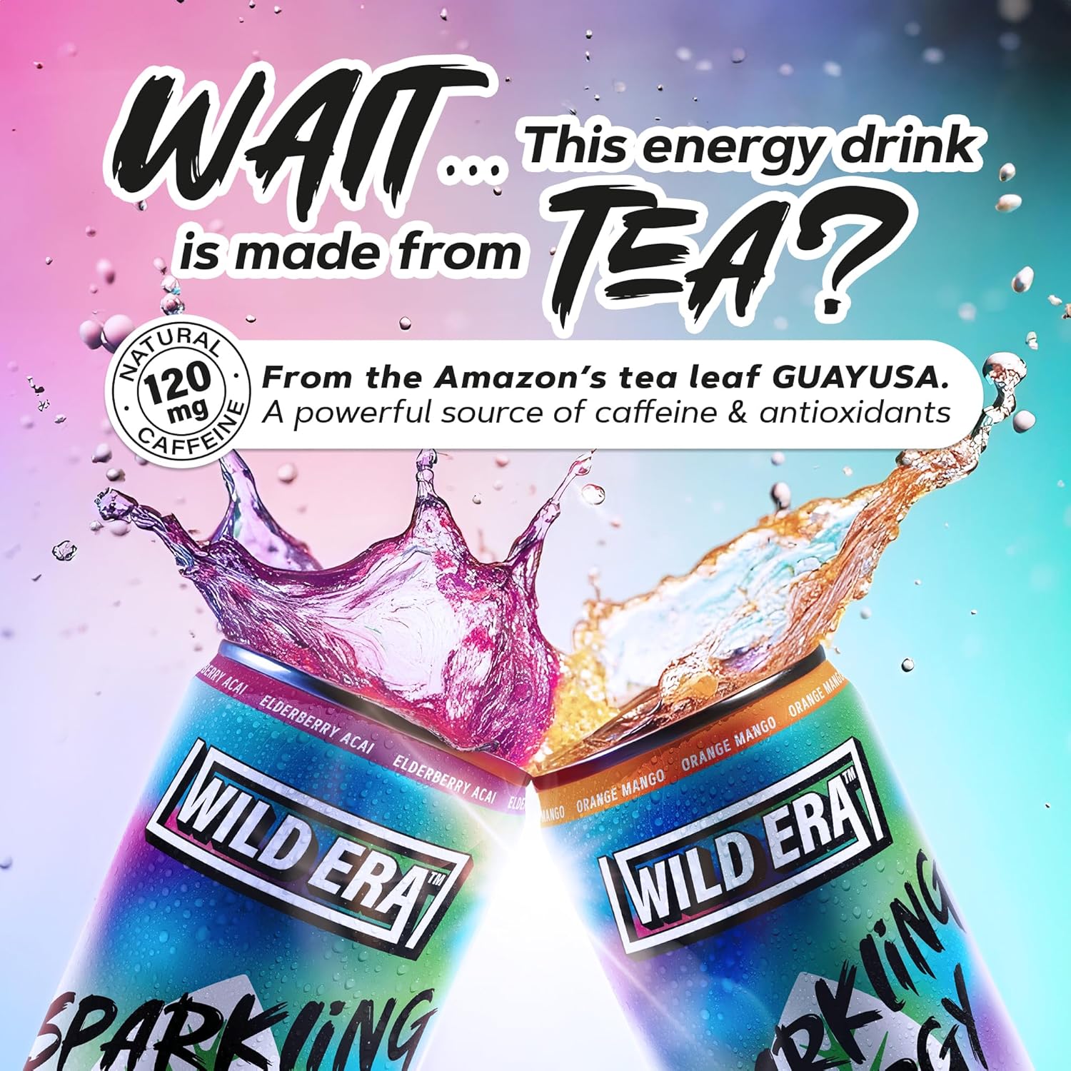 Sparkling Energy Tea by Wild Era | Fruity and Bubbly Flavor | Organic Energy Drink | Experience the Taste of Guayusa South American Tea, Cousin of Yerba Mate | Afternoon or Anytime Energy | Preworkout | Sustainable Energy | Naturally Occuring Caffeine & Antioxidants (12-Pack, Berry Blast, Orange Mango, Elderberry Acai)