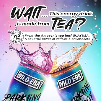 Sparkling Energy Tea by Wild Era | Fruity and Bubbly Flavor | Organic Energy Drink | Experience the Taste of Guayusa South American Tea, Cousin of Yerba Mate | Afternoon or Anytime Energy | Preworkout | Sustainable Energy | Naturally Occuring Caffeine & Antioxidants (12-Pack, Berry Blast, Orange Mango, Elderberry Acai)