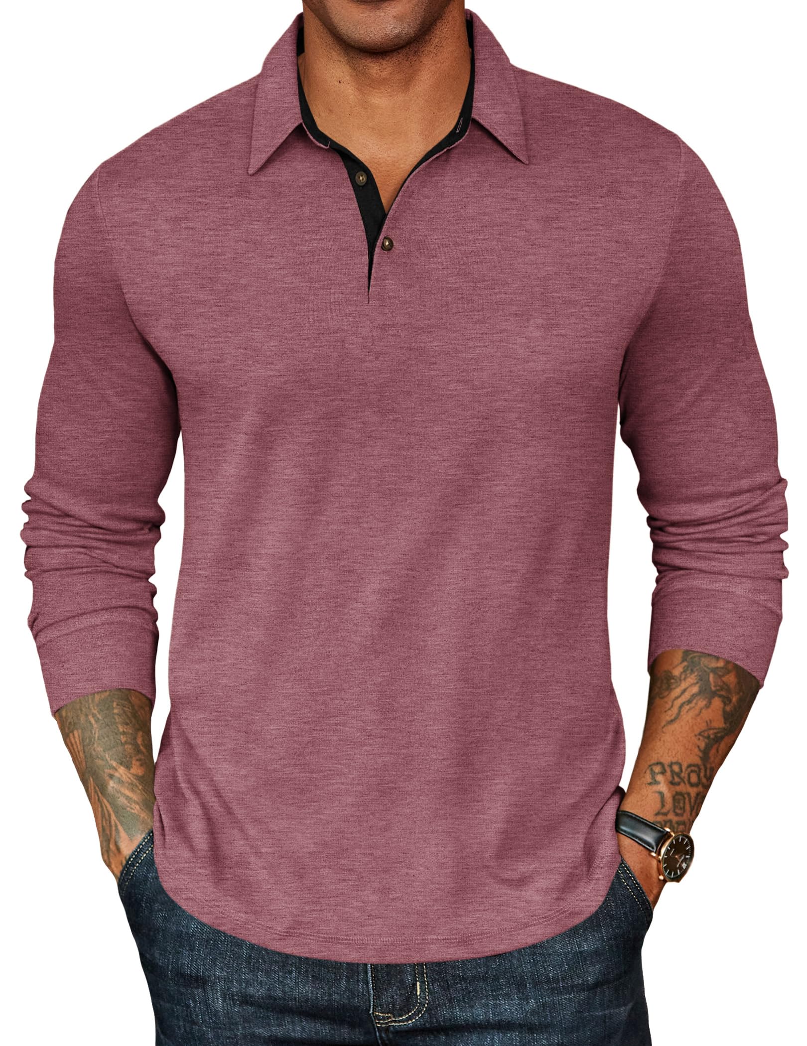 Mens Long Sleeve Polo Shirts Classic Casual Button Polo Tee