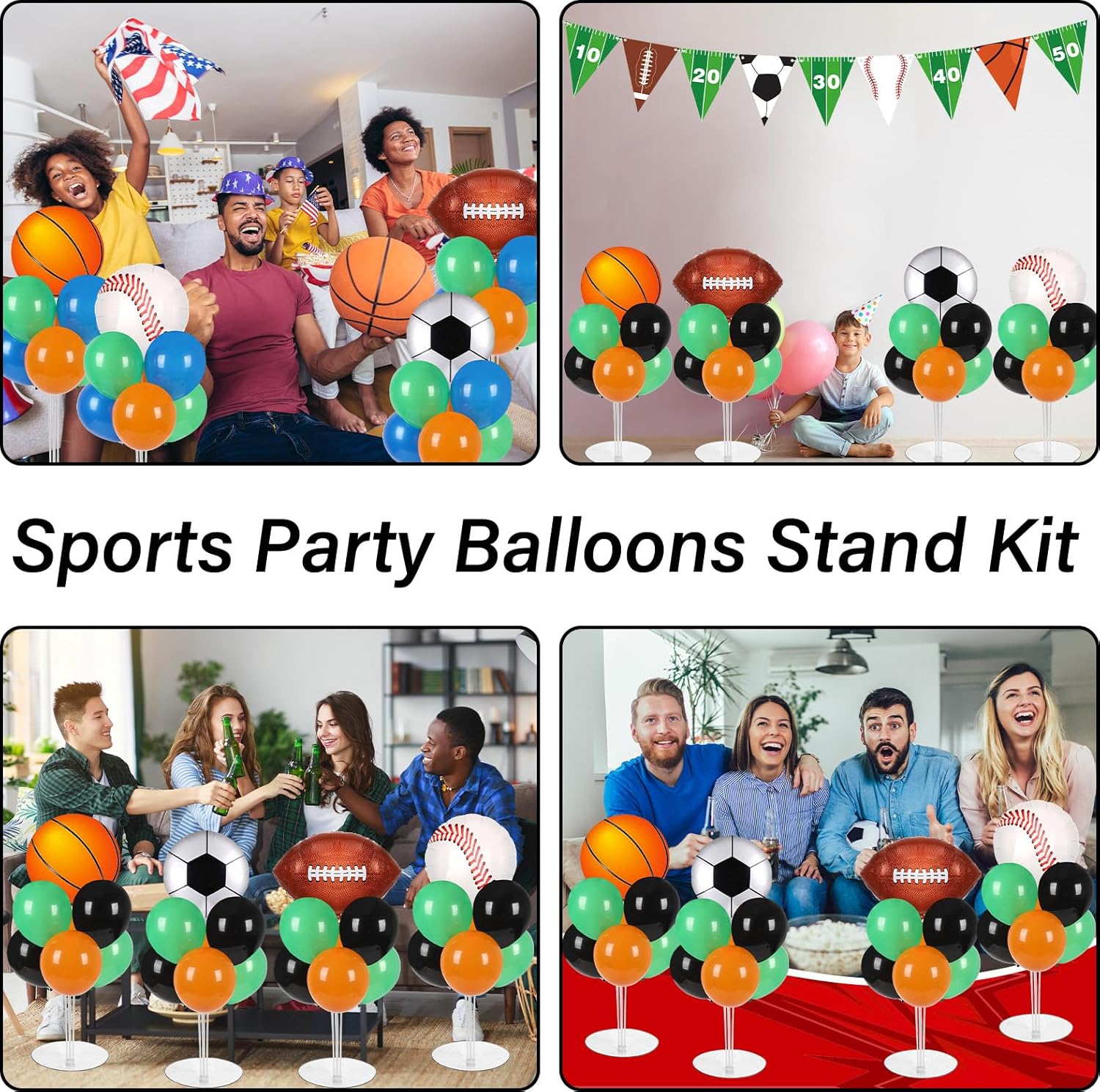 4 Sets Sports Party Balloons Stand Kit with Basketball Football Baseball Foil Balloons Sports Theme Party Balloon Centerpiece for Christmas Winter Tables Game Themed Birthday Baby Shower Decorations