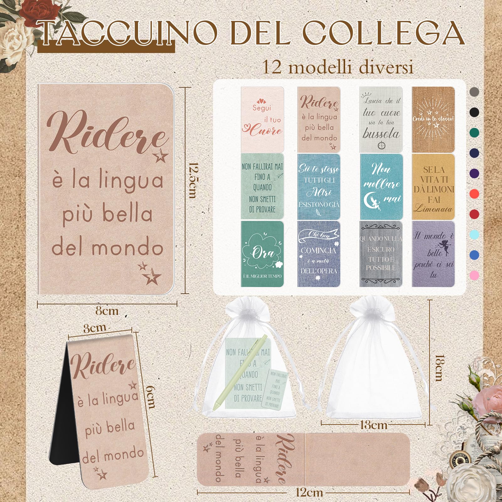 Nezyo 24 Set Regali Motivazionali Includi 24 Taccuini Motivazionali 24 Penne con Frasi in Italiano 24 Segnalibri Magnetic Portafortuna per Alunni Regali di Natale per Colleghi Amici(Colori retrò)