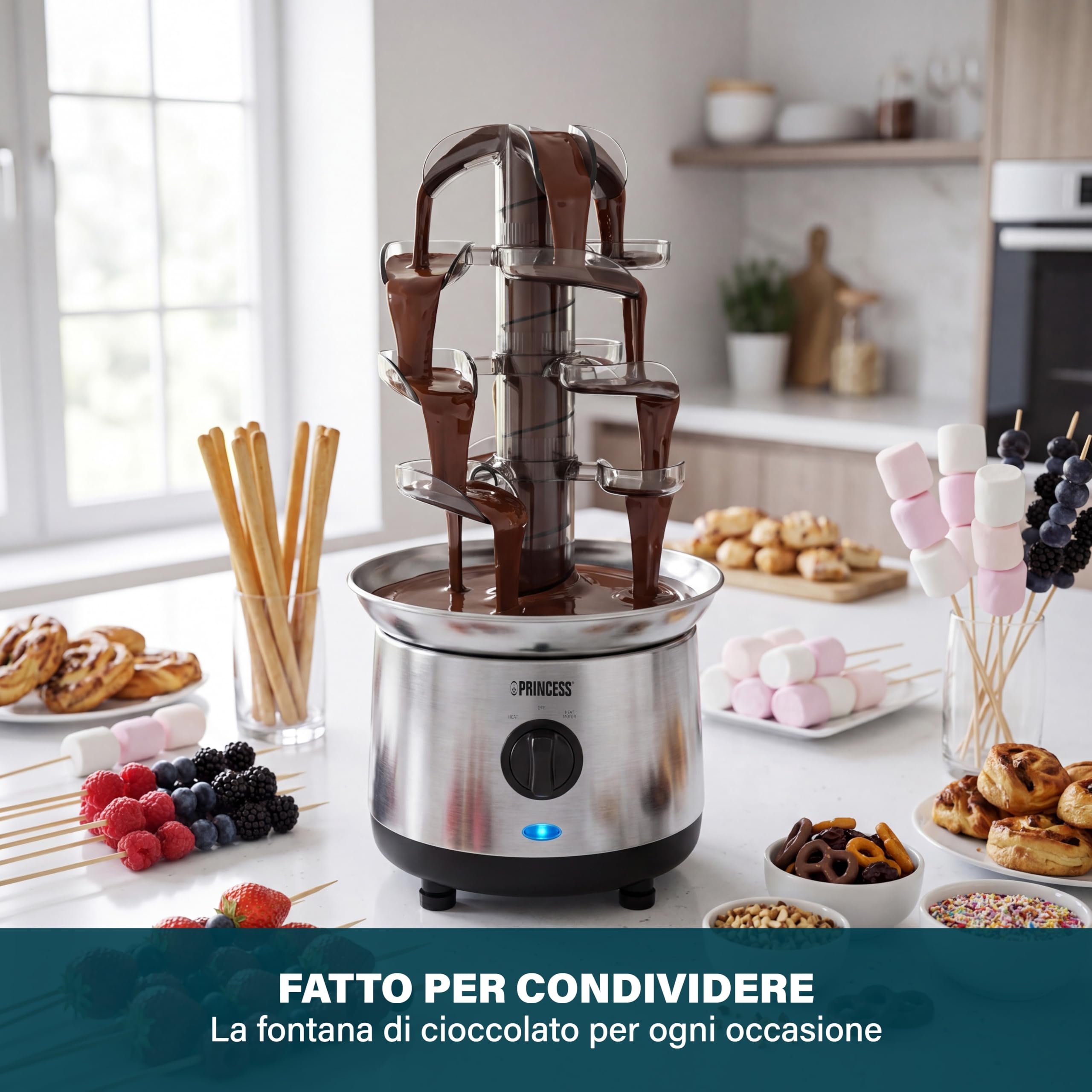 Princess Fontana di Cioccolato in Acciaio Inox, 4 Livelli, Funzione Mantieni Caldo, Pompa e Temperatura Regolabili, Per Dessert e Feste, 01.293000.01.001