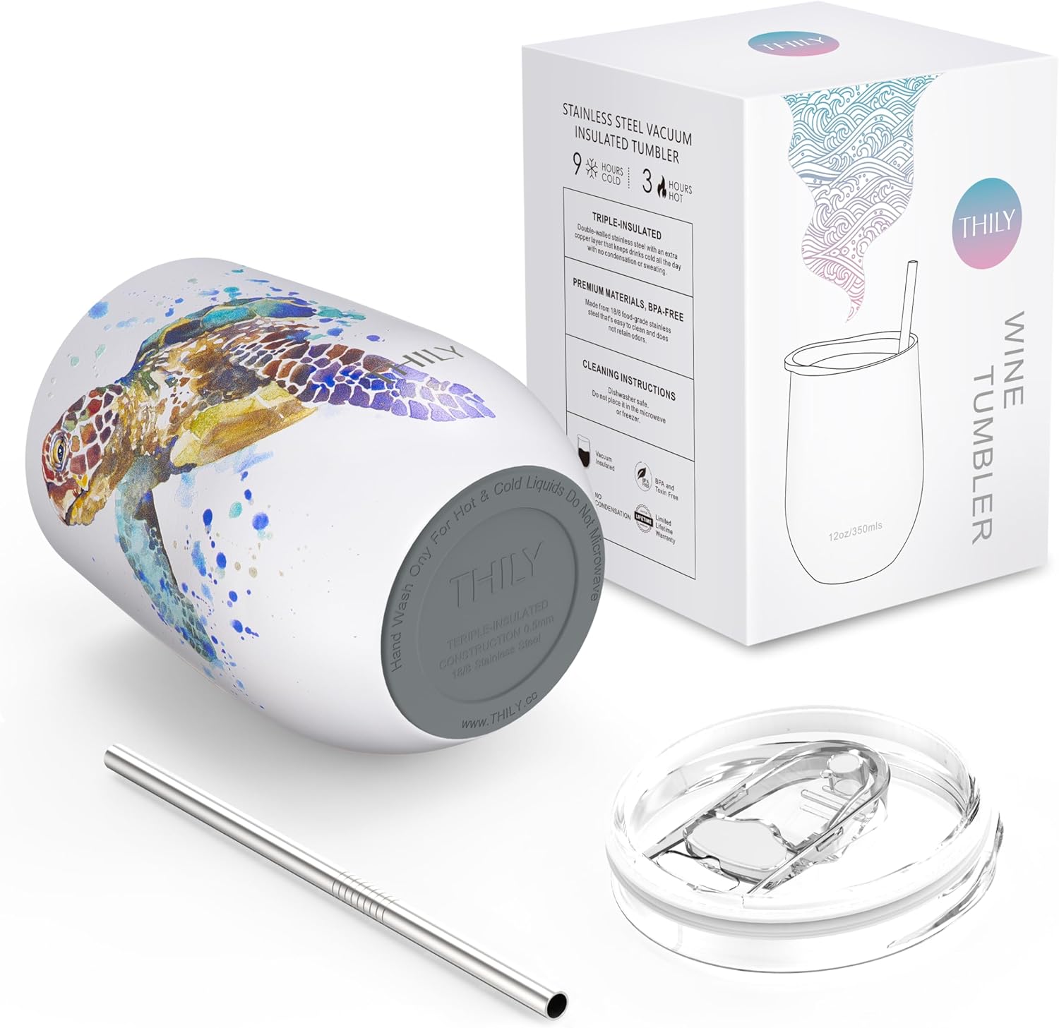 THILY Wine Tumbler Stainless Steel Insulated Stemless Wine Glass with Lid and Straw, Cute Travel Cup Keep Cold for Coffee, Cocktails, Special Collection, Sea Turtle - Image 4