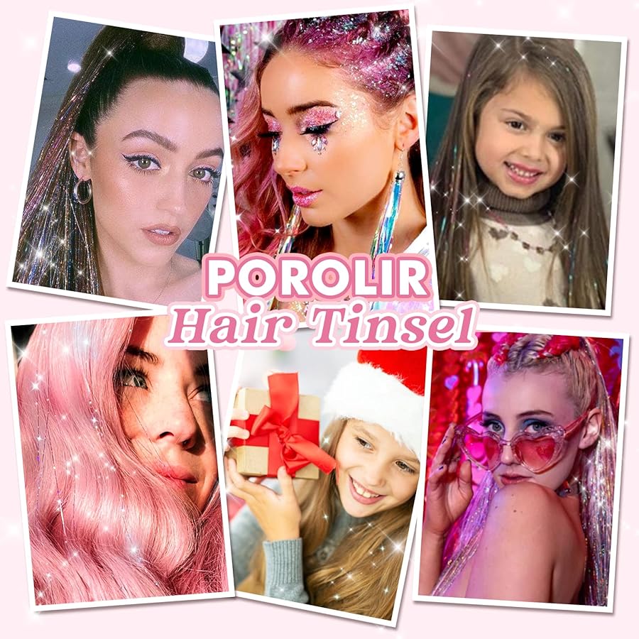 Clip in Hair Tinsel, POROLIR 6Pcs Glitter Fairy Tinsel Hair Extensions 20 Inch Shiny Hair Tinsel Heat Resistant, Sparkly Strands Hair Accessories, Festival Gift for Women Girls Kids (Silver) - image 4