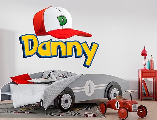 Miniatura 4 de Calcomanías de nombre de gorra roja para paredes, calcomanía personalizada para niños, decoración de pared personalizada, atraparlos a todos