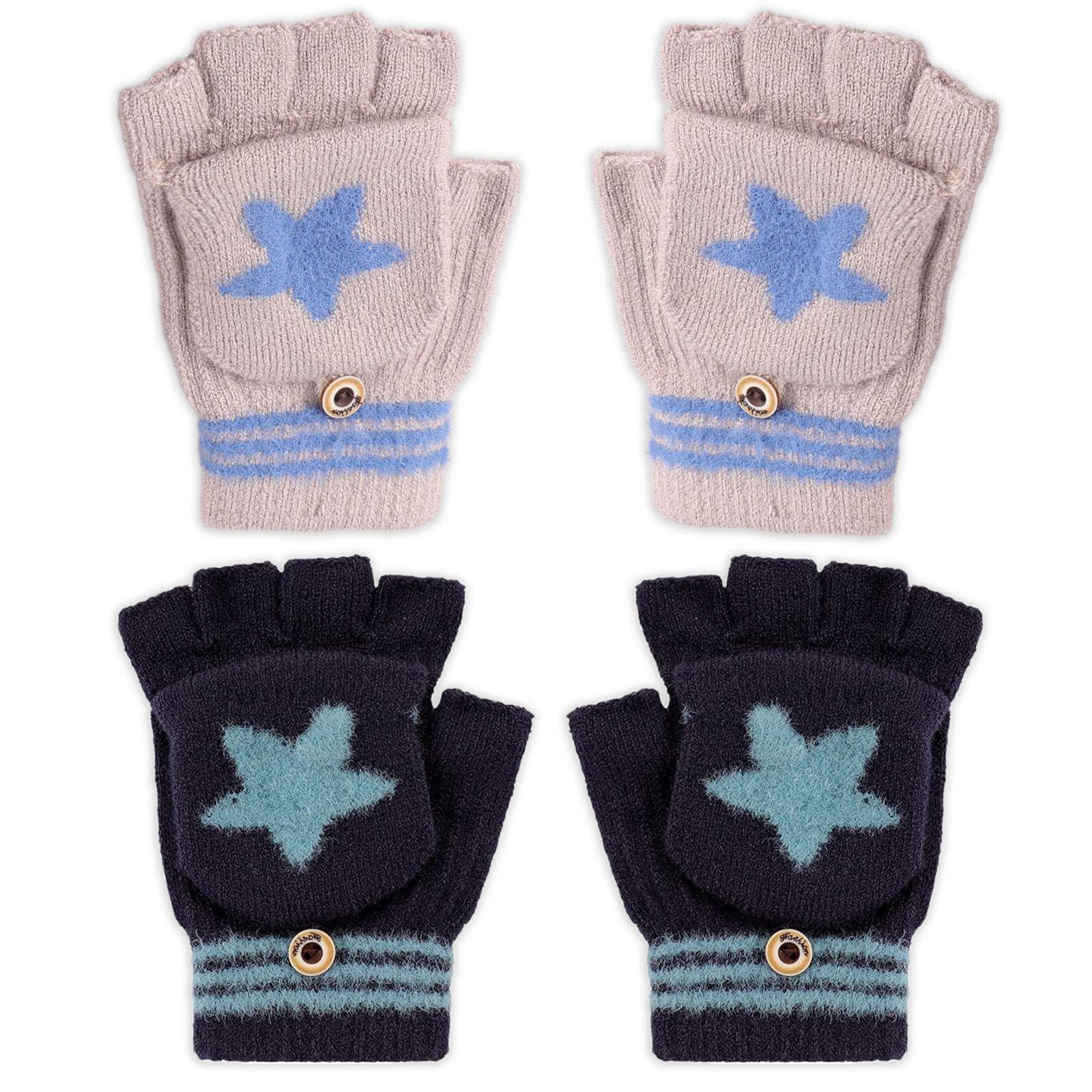 2 Pairs Of Five-Pointed Star Flip-Up Gloves, Children'S Gloves, Mittens, Warm Knitted Gloves, Cycling Gloves, Writing Gloves