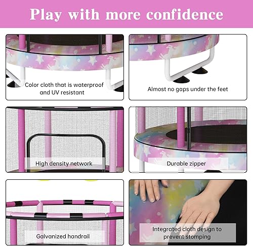 Miniatura 5 de Lamerge Kids Trampoline, Toddler Bouncing Trampoline with Safety Enclosure Net, ASTM-Approved, 500lbs Capacity, Ages 1-8, Adjustable Handrail,