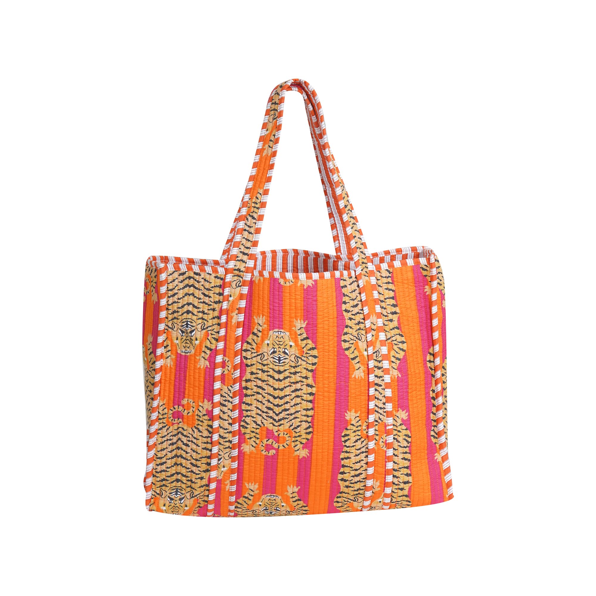 LKGSM RUGS Cotton Tiger Block Print Tote Bag, Handmade Indian Shopping Shoulder Bag, Unisex Market Daily Use, Multicolor, Standard