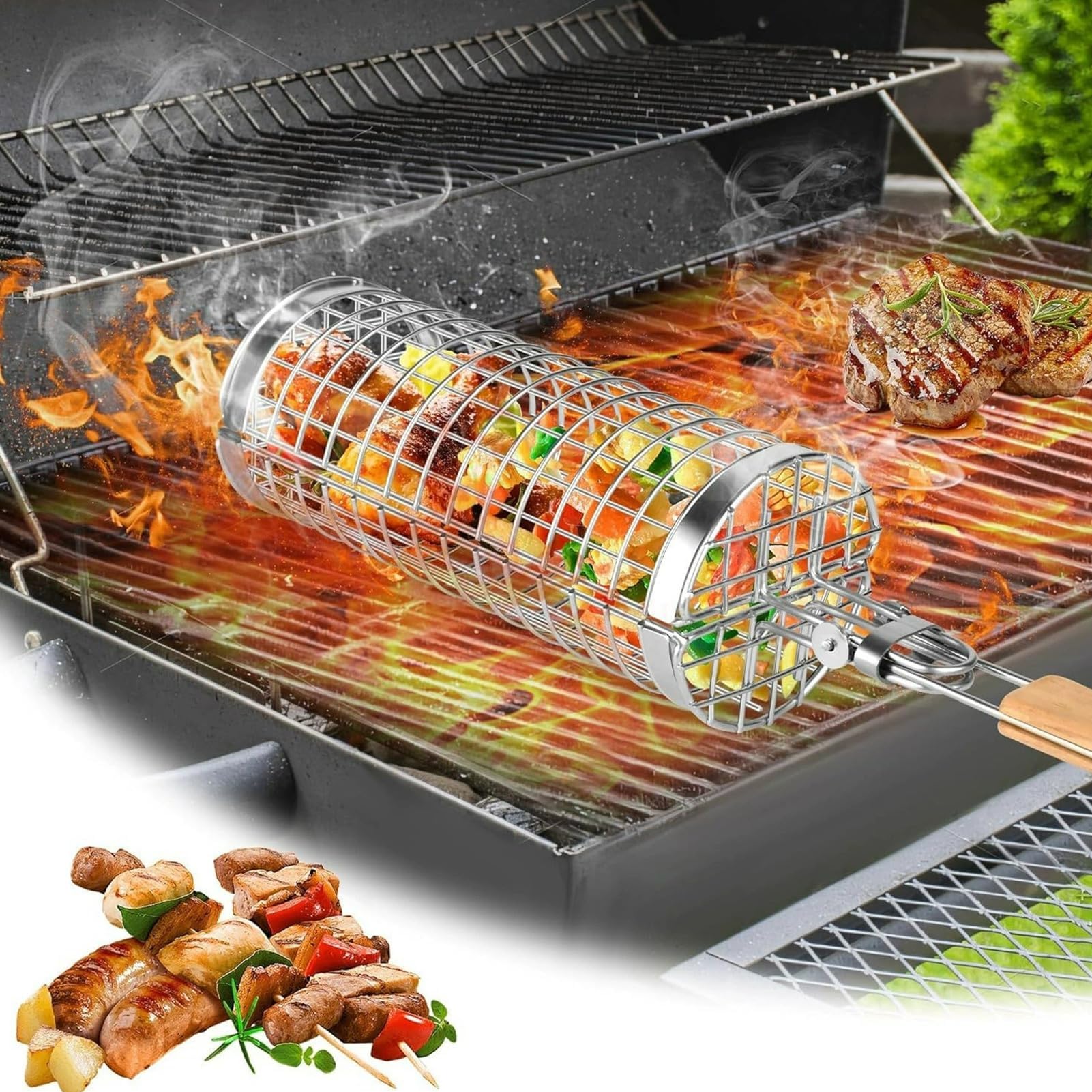 Kosze grillowe ze stali nierdzewnej, narzędzia do grillowania na świeżym powietrzu z drewnianym uchwytem, idealne na kemping, do grillowania