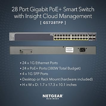 NETGEAR 28-Port PoE Gigabit Ethernet Smart Switch (GS728TPP) - Managed, Optional Insight Cloud Management, 24 x PoE+ @ 380W, 4 x 1G SFP, Desktop or Rackmount, and Limited Lifetime Protection