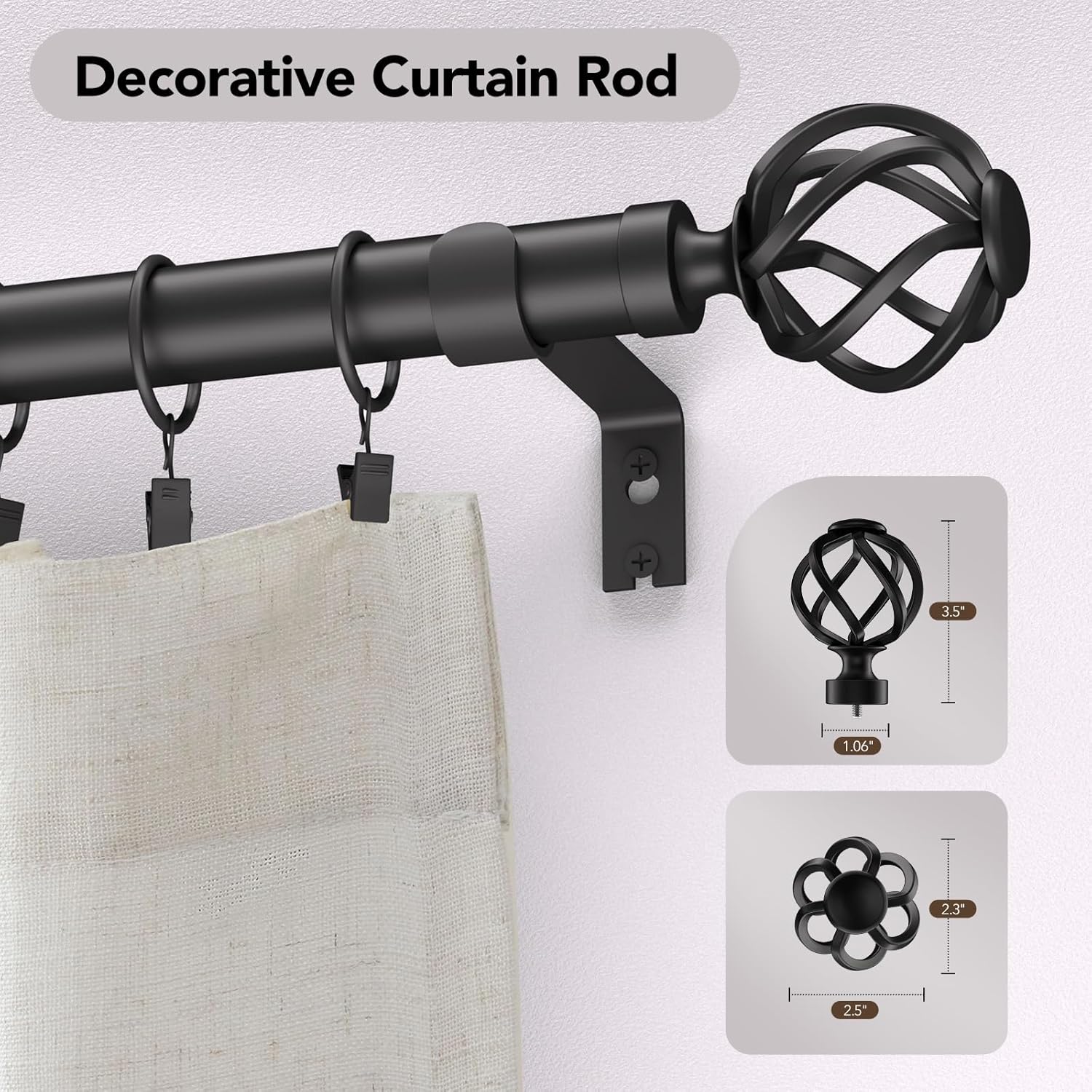 2 Pack Curtain Rods for Windows 28 to 48, 1 Inch Adjustable Decorative Black Curtain Rod, Modern Heavy Duty Drapery Rods with Twisted Cage End, Telescoping Splicing Structure, Size 32"-60"