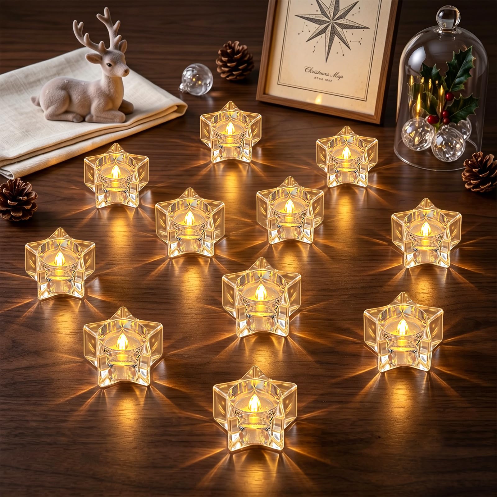 Maxspace Confezione da 12 lumini senza scintille, a batteria, a forma di cuore, per Halloween, Natale, matrimoni, feste e decorazioni per la casa (stella)