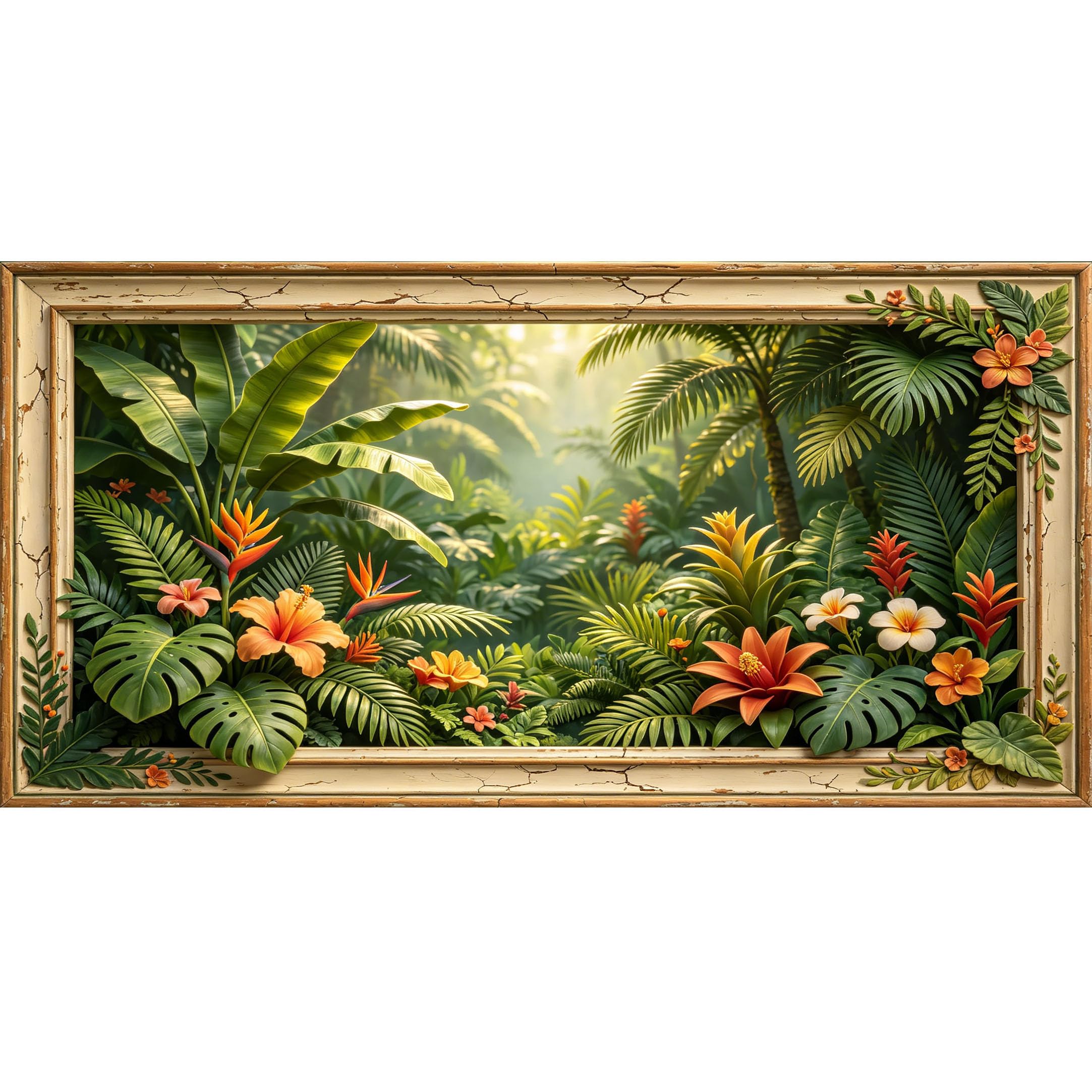 Agglomerix 3D Framed Wall Art Tropical Jungle Palm Leaves Hibiscus Exotic Flowers Botanical Relief Effect Large Size SelfAdhesive Removable Wall Decor Prints Artwork for Living Room Bedroom Office