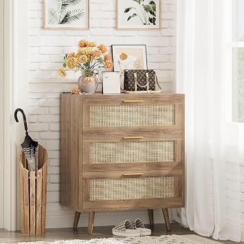 Trironsun 3 Drawer Dresser for Bedroom Rattan Dresser Chest of Drawers with Spacious Storage Boho Clothes Storage Nightstand for Living Room Caramel Oak, 3 Drawer