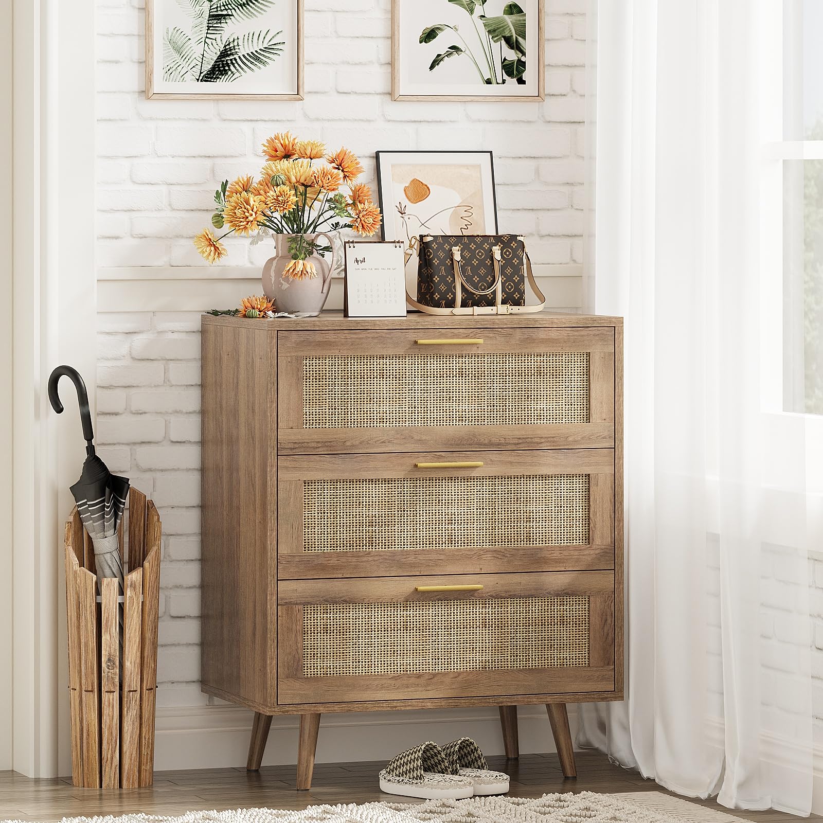 3 Drawer Dresser for Bedroom Rattan Dresser Chest of Drawers with Spacious Storage Boho Clothes Storage Nightstand for Living Room