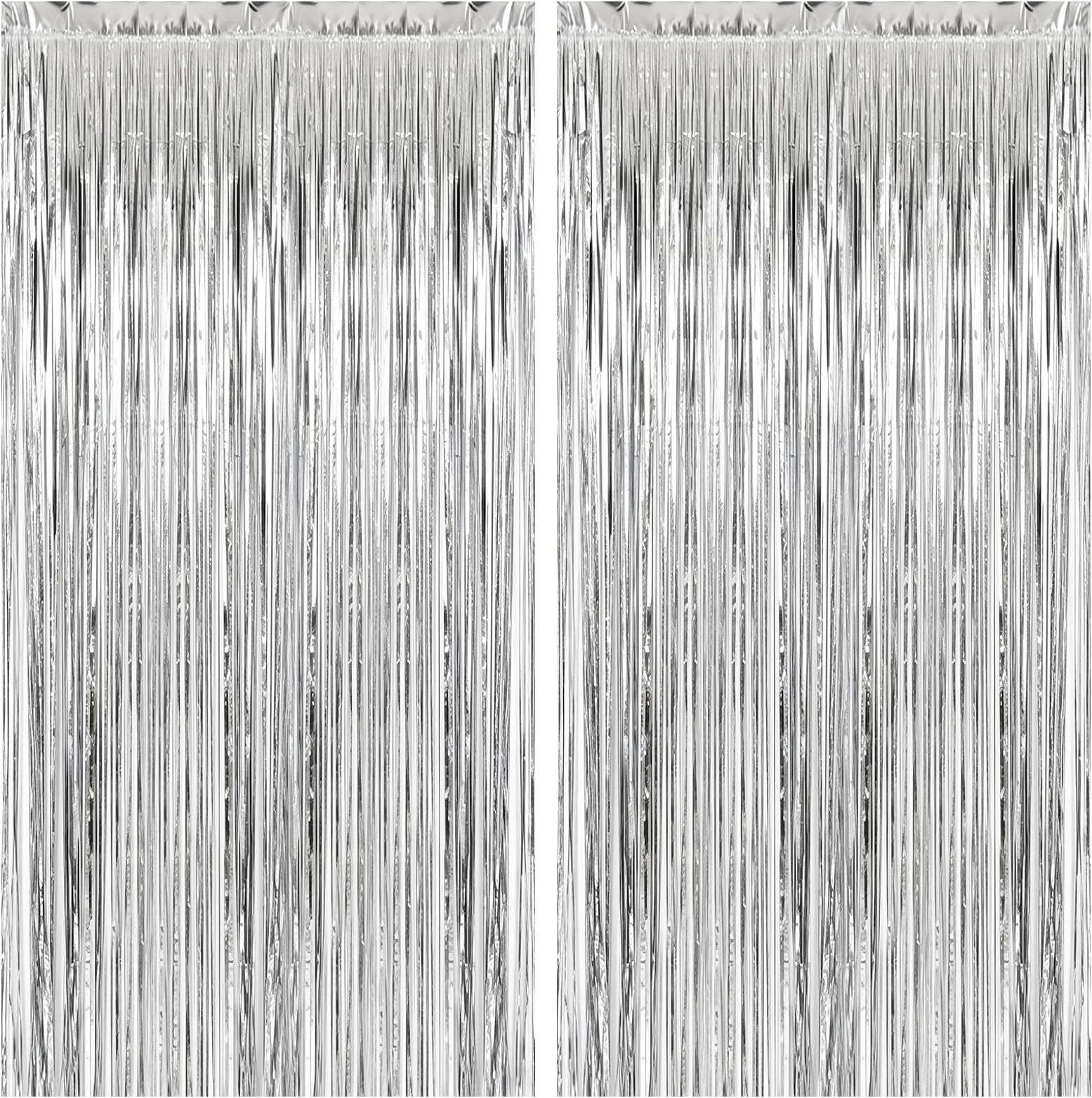 2 Pack Silver Foil Curtain Party Streamers Metallic Tinsel Foil Fringe Photo Booth Backdrop for Birthday Wedding Engagement Baby Shower Bachelorette Christmas Holiday Celebration Party Decorations