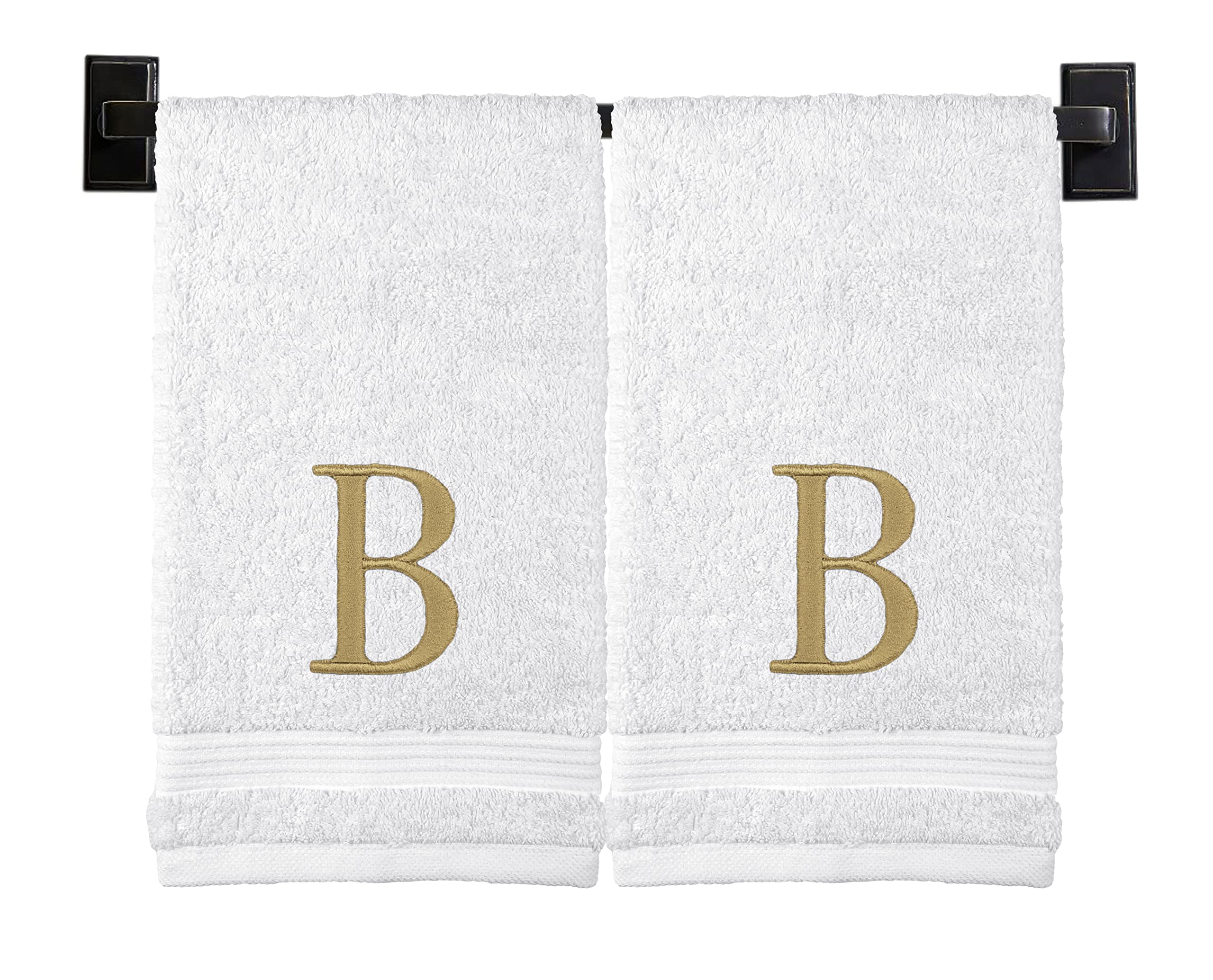 Toallas de mano con monograma – a elegir entre 100% algodón turco o fabricadas en Estados Unidos – Lujosa calidad de spa – Juego de 2 – Monograma moderno bordado de hilo dorado – Toallas personalizadas