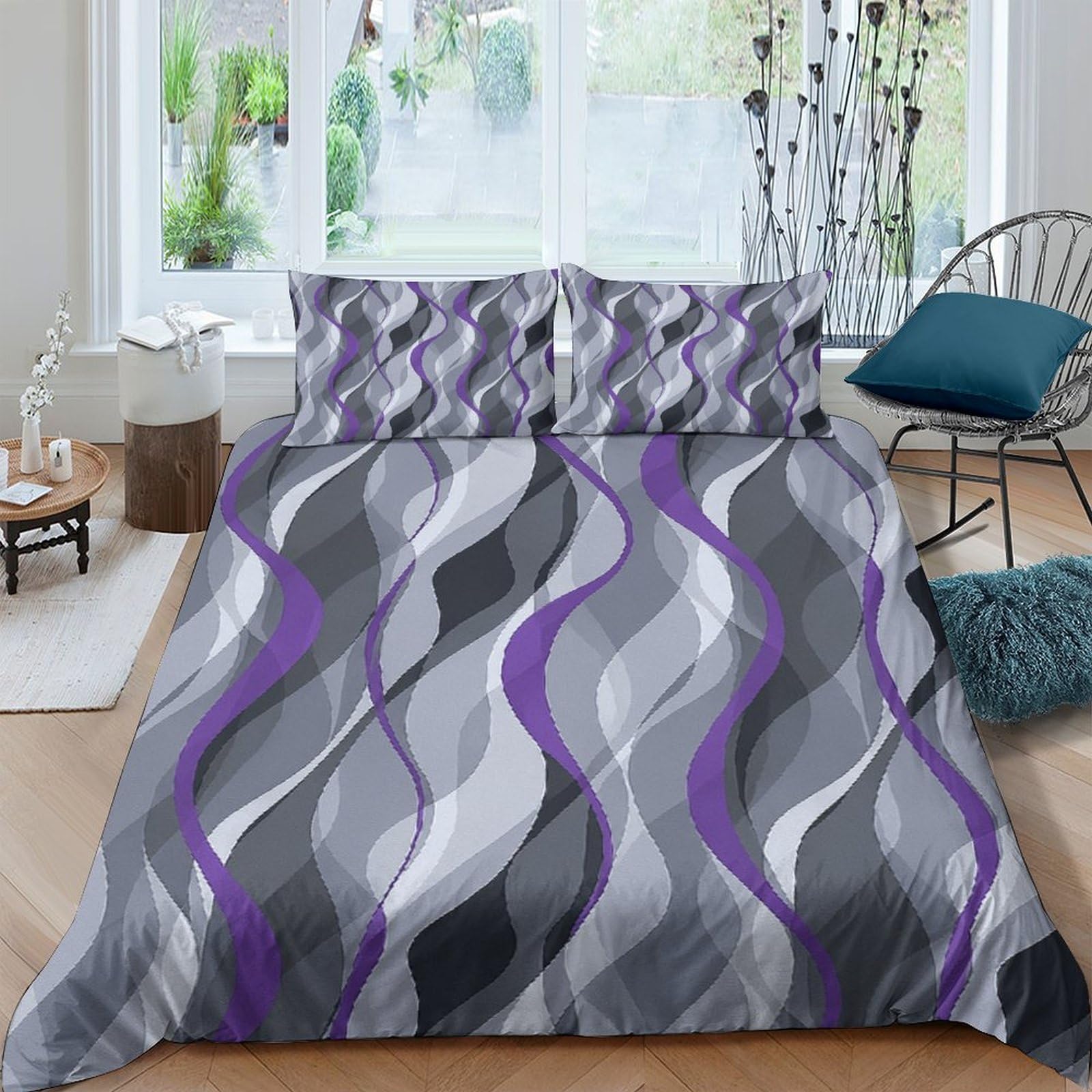 GPLZQXKJNH 3D Printed Purple Wave Duvet Cover Set Microfiber Soft Grey Abstract Bedding Set with 2 Pillowcases for Bedroom Single（135x200cm）